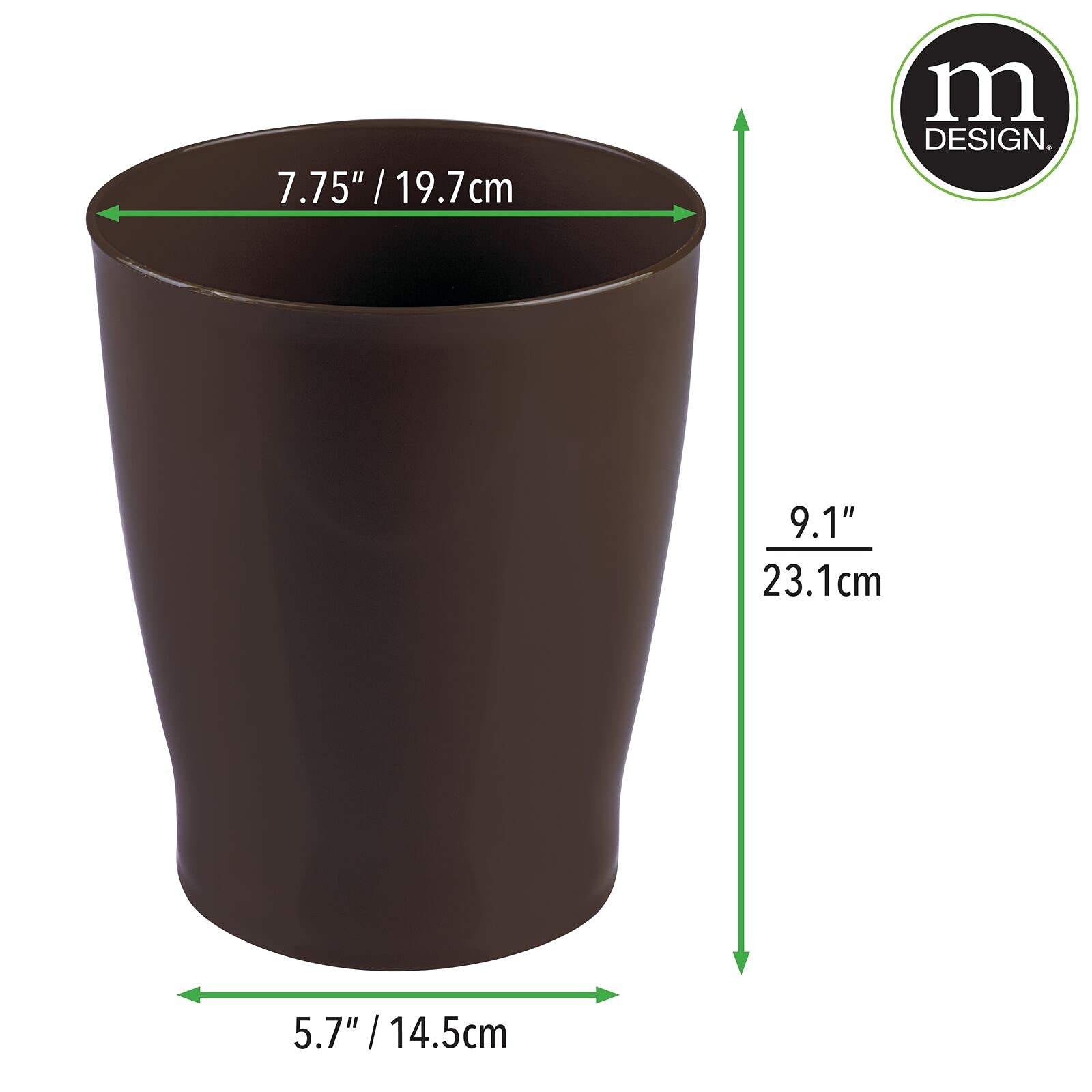 mDesign 1-Gallon Slim Round Plastic Trash Can - Dark Brown Wastebasket for Bathroom, Bedroom, Kitchen, Home Office & Kids Room | Compact Garbage Bin for Small Spaces & Daily Use