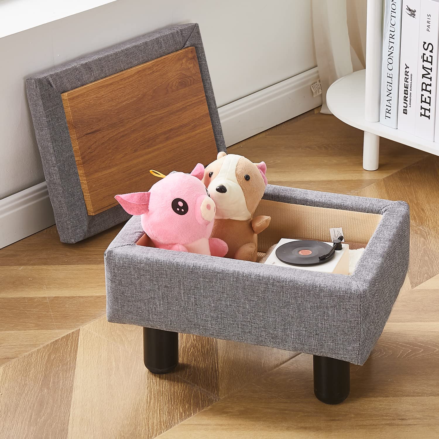 Modern Linen Foot Stool Ottoman with Solid Wood Legs - Dark Grey Storage Footrest, Step Stool & Accent Seat for Living Room, Couch | Perfect for Extra Seating, Foot Support & Home Organization