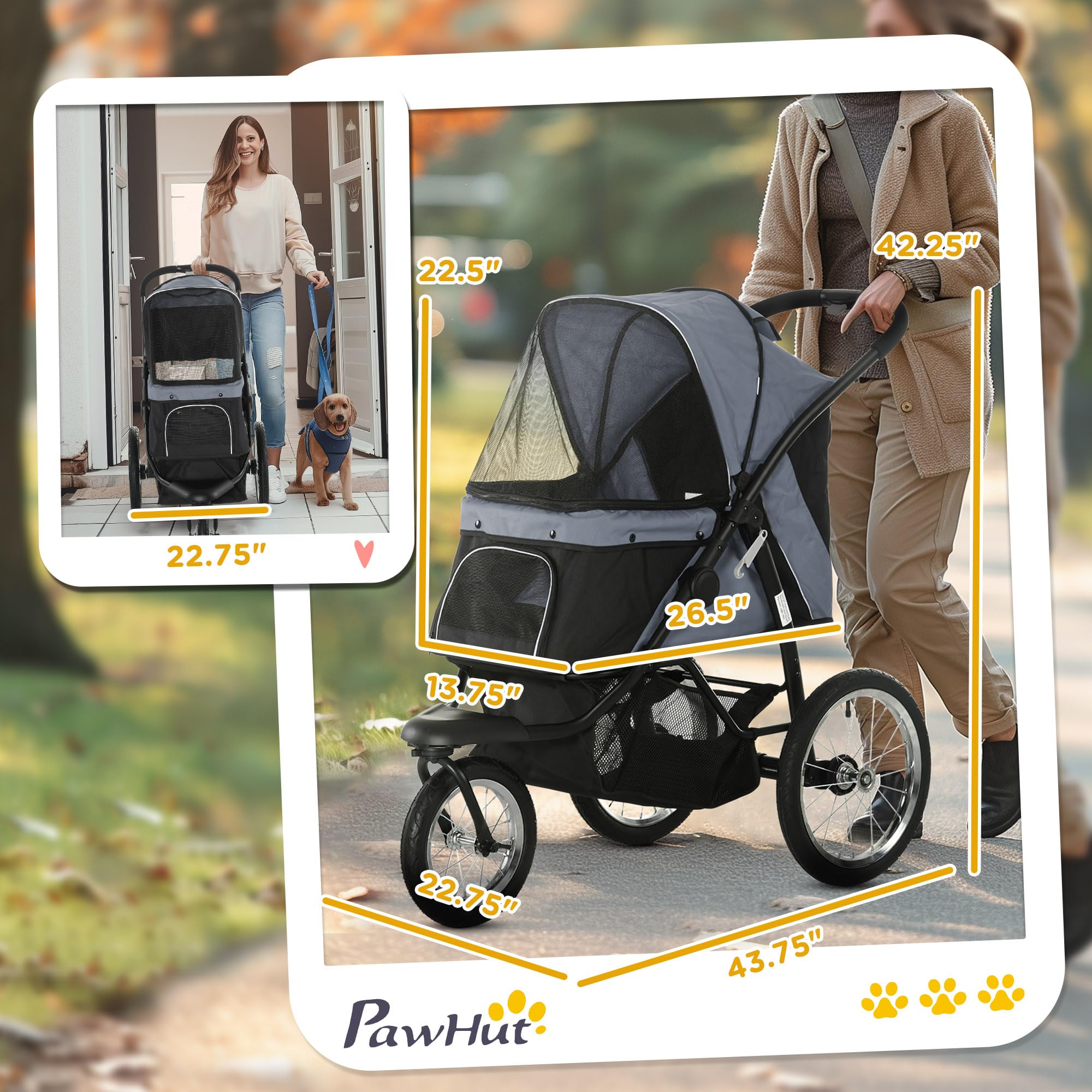 PawHut Foldable Pet Stroller for Small & Medium Dogs & Cats - 3 Large Wheels Jogger with Adjustable Canopy, Safety Tether, Cushion & Storage Basket - Gray | Perfect for Walking, Jogging & Outdoor Adventures with Your Pet