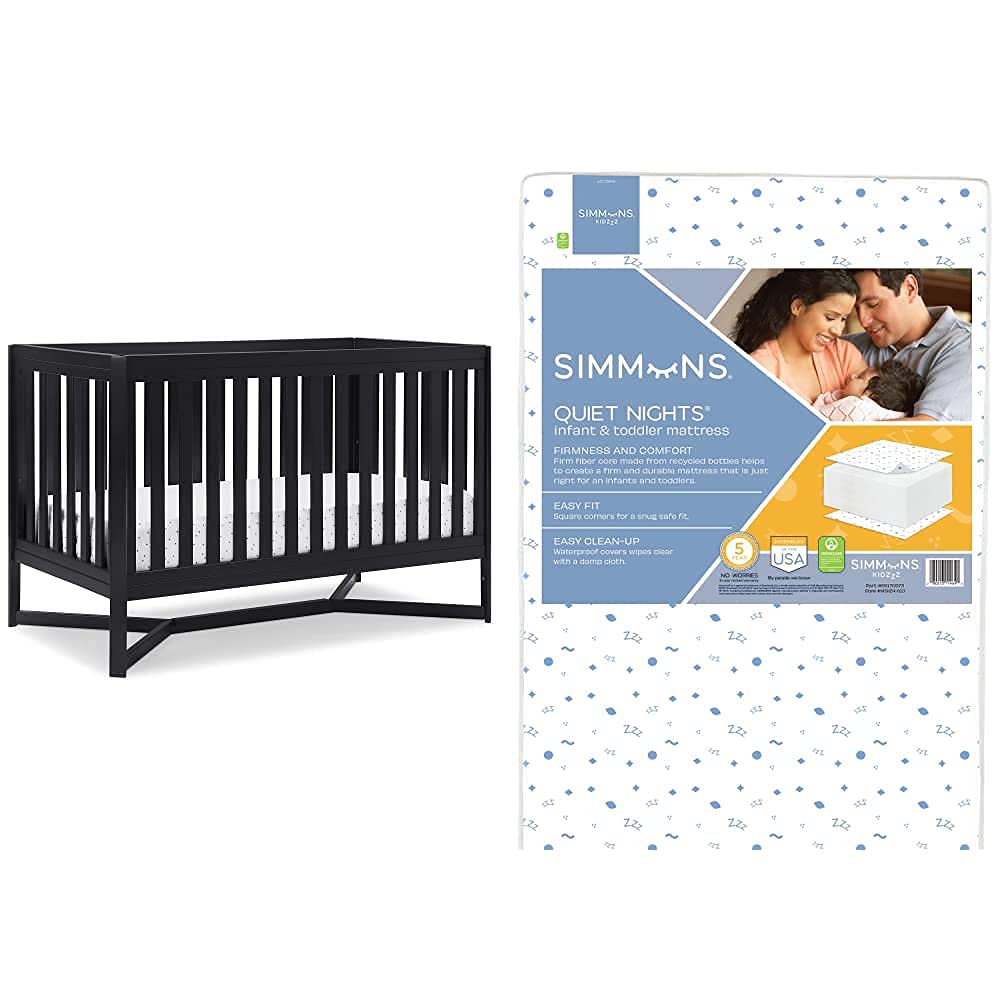 Delta Children Tribeca 4-in-1 Convertible Baby Crib with Simmons Kids Quiet Nights Eco-Friendly Toddler Mattress - GREENGUARD Gold Certified, Recycled Materials, Midnight Grey | Nursery Essential for Safe & Sustainable Sleep