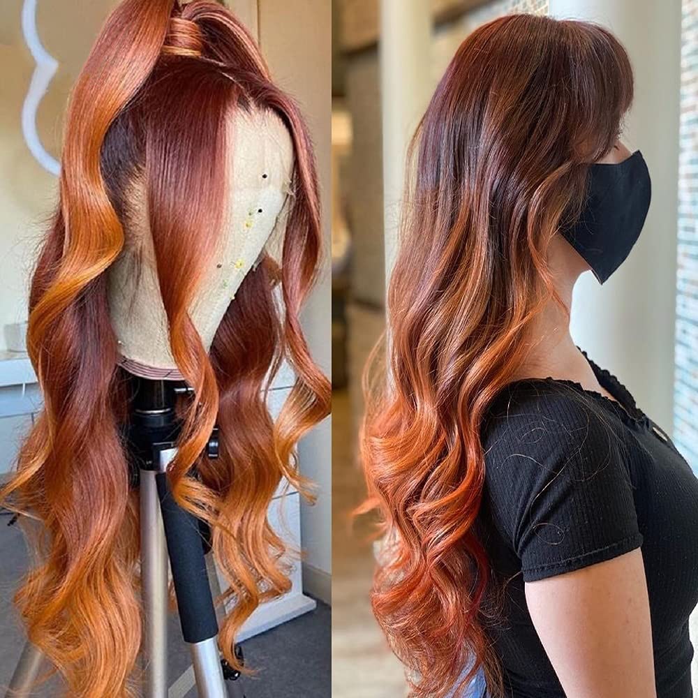 13x4 Lace Front Human Hair Wig - Ombre Ginger Orange Body Wave with Baby Hair & Natural Hairline | 180% Density Glueless Middle Part Wig for Women | Perfect for Cosplay, Daily Wear & Special Occasions
