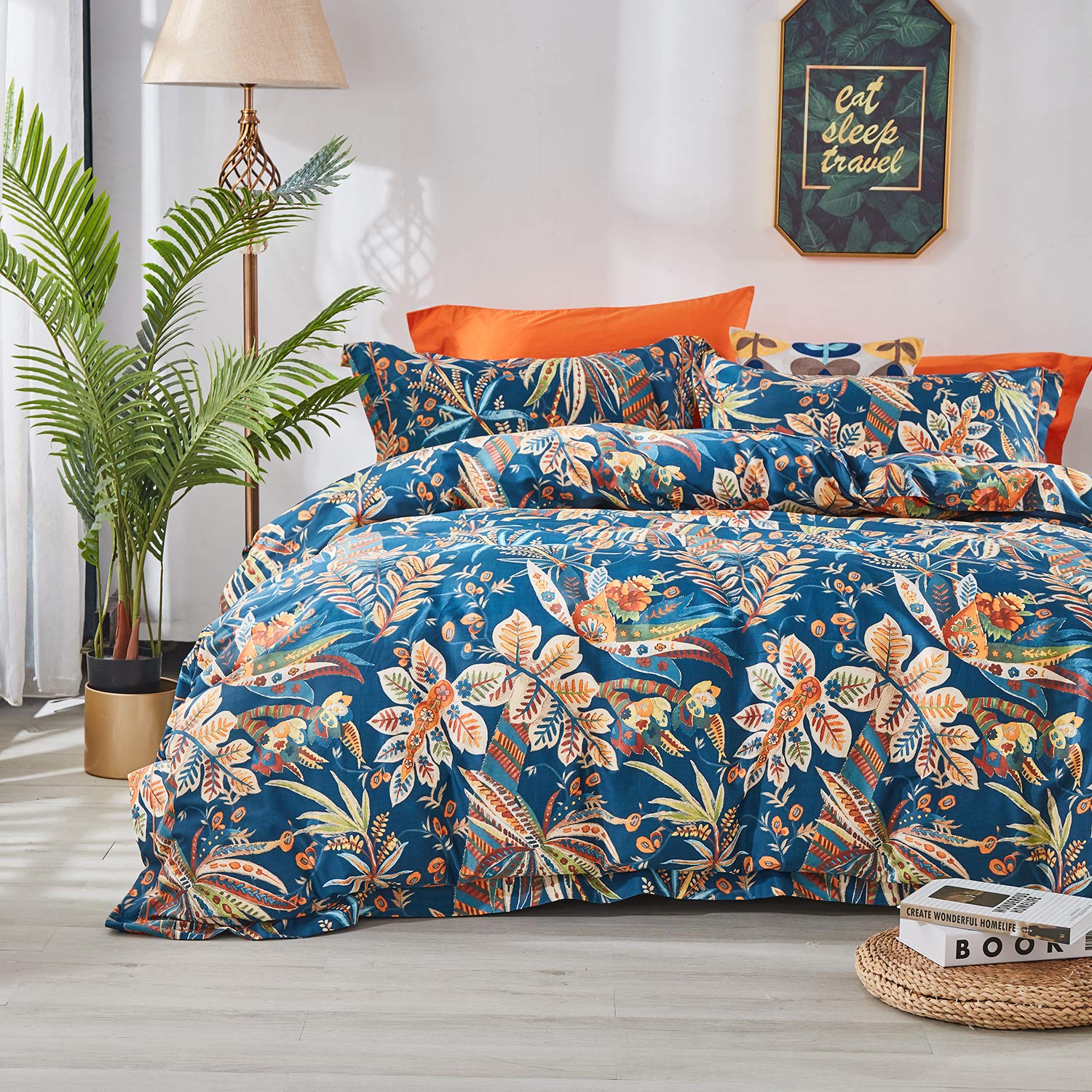 Softta King Size 3-Piece Spring Bedding Set - 100% Egyptian Cotton 800 Thread Count with Green Leaves & Tropical Floral Pattern, Zipper Closure & Ties (Navy Blue/Teal) - Perfect for Summer Bedroom Decor, Guest Rooms & Coastal Themed Homes