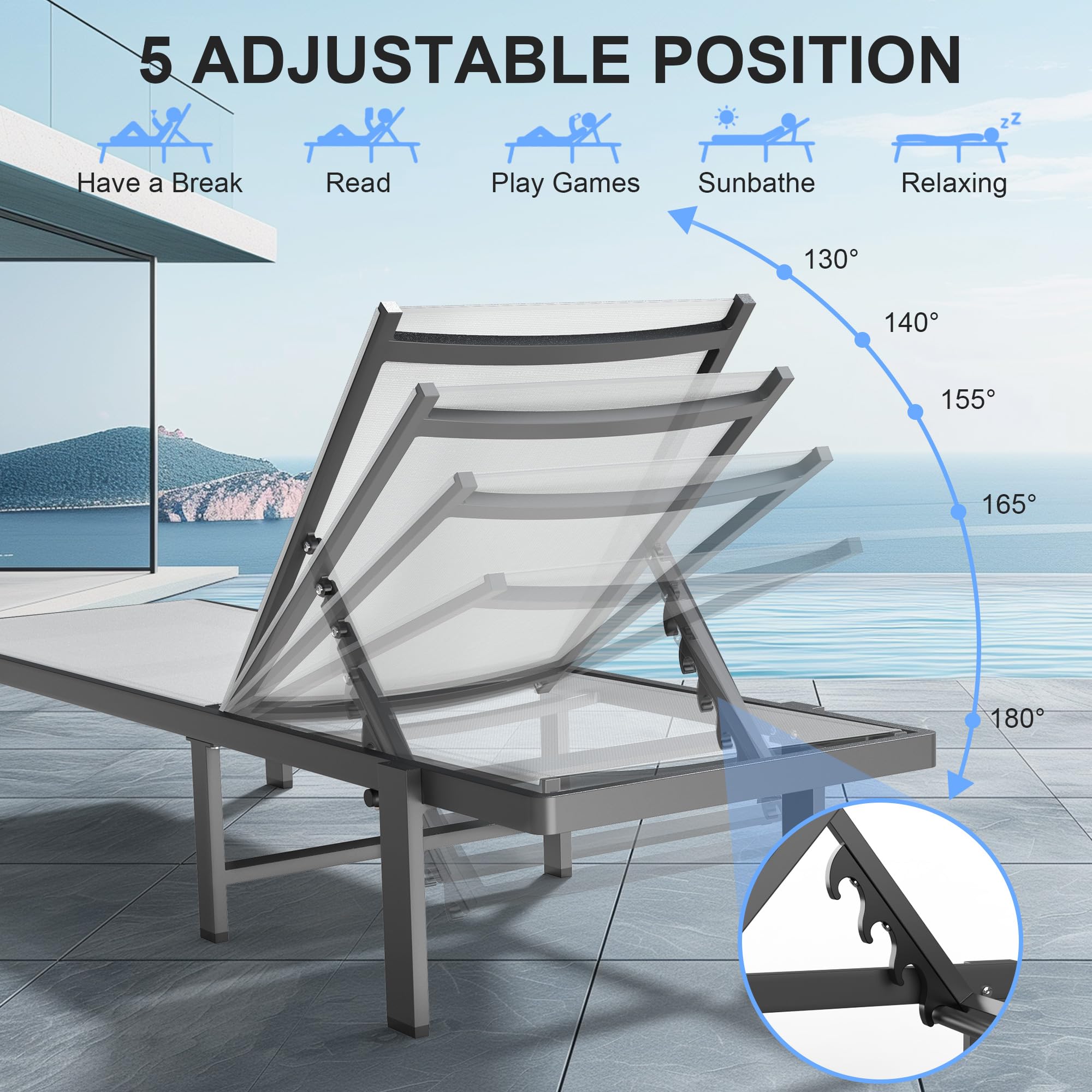 Adjustable Outdoor Lounge Chair 0-60° Reclining - Weather-Resistant Aluminum Tanning Chaise for Patio, Pool & Beach - Perfect for Sunbathing, Relaxing & Outdoor Lounging - White