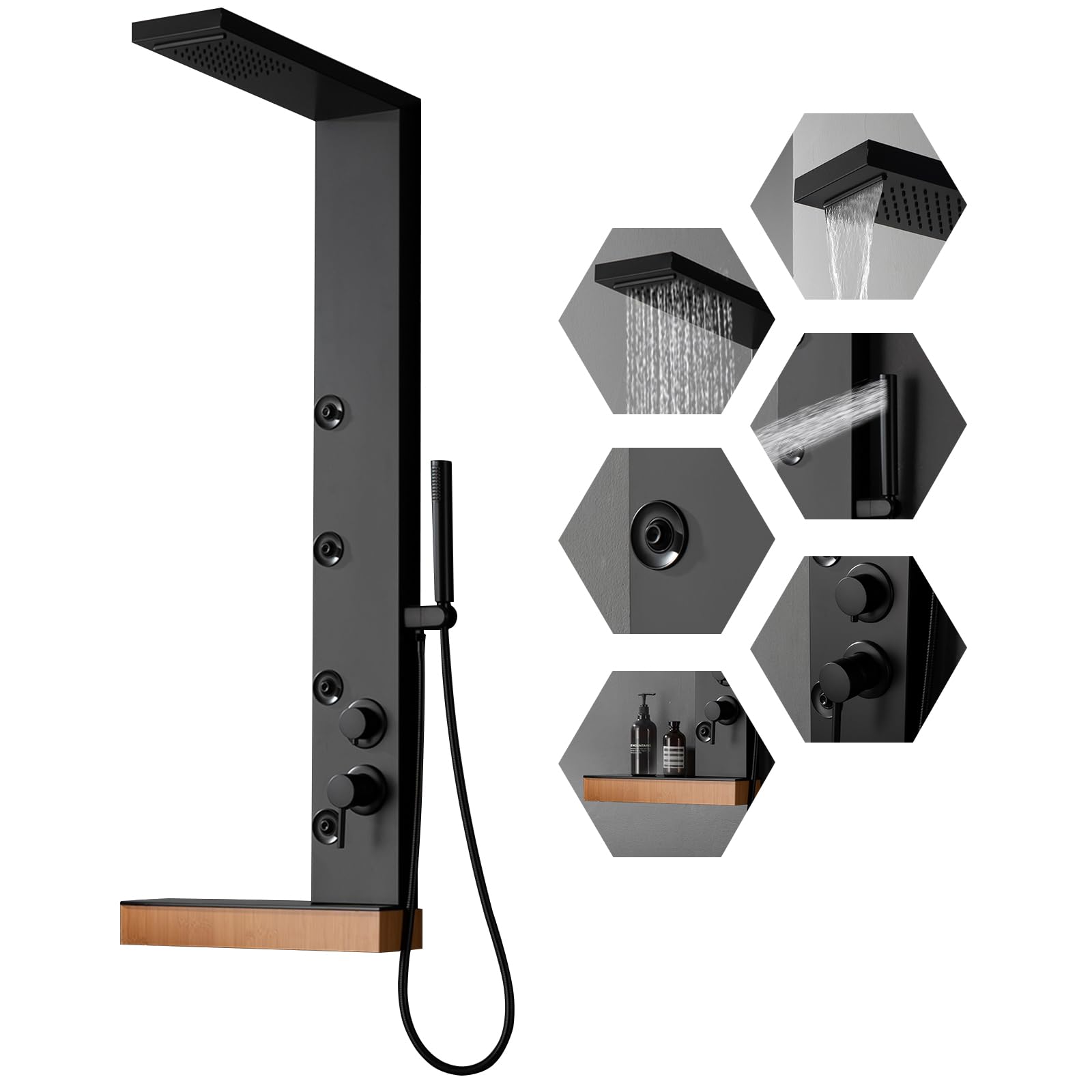 BWE 4-in-1 Stainless Steel Shower Panel Tower System with Rainfall Shower Head, Handheld Massage Spray, Body Jets & Storage Shelf - Multi-Function Bathroom Upgrade for Spa-Like Experience