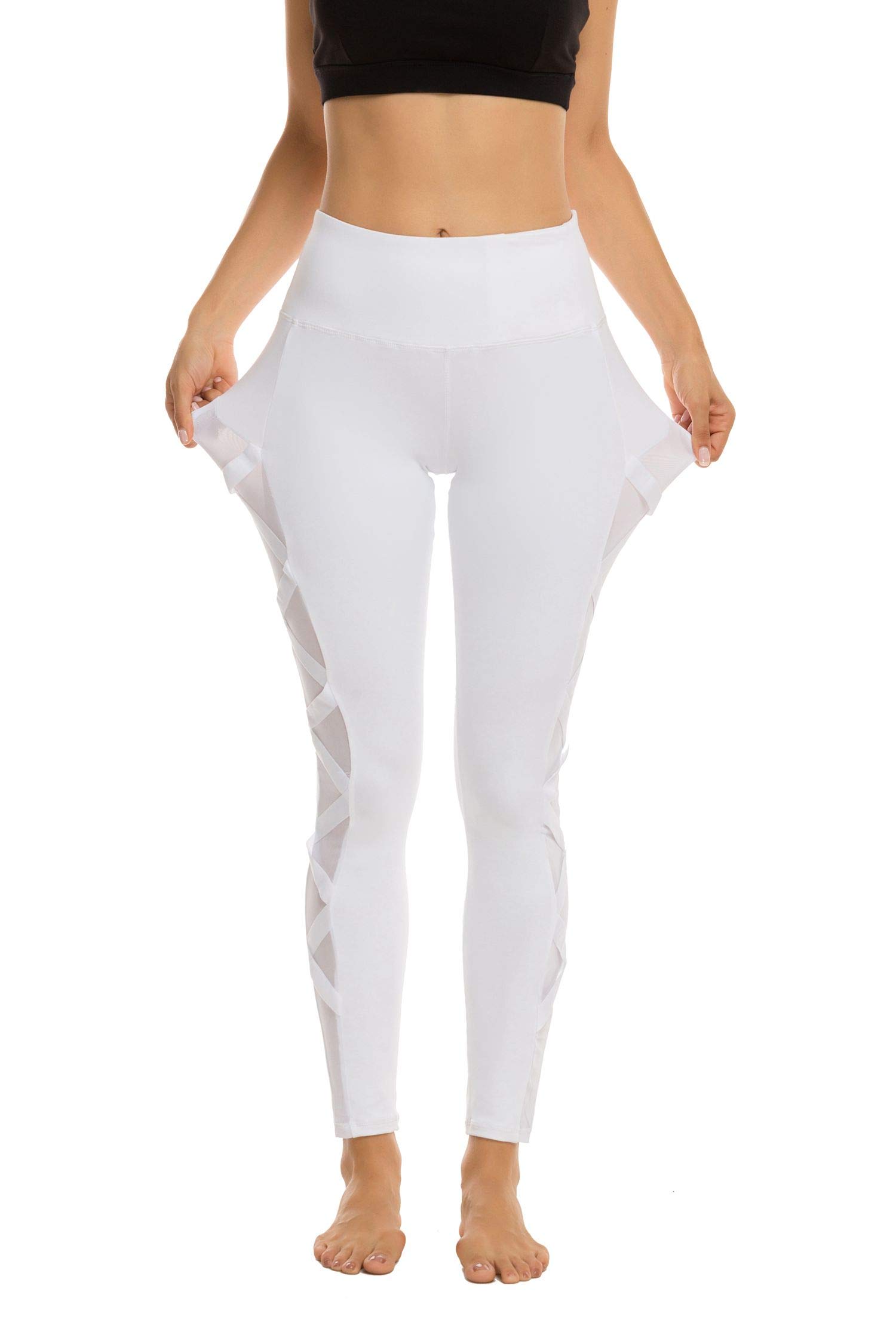 Romansong Women's High Waisted Yoga Pants with Pockets - 4-Way Stretch Tummy Control Mesh Leggings, Non See-Through Workout Capris for Gym, Running & Lounge Wear