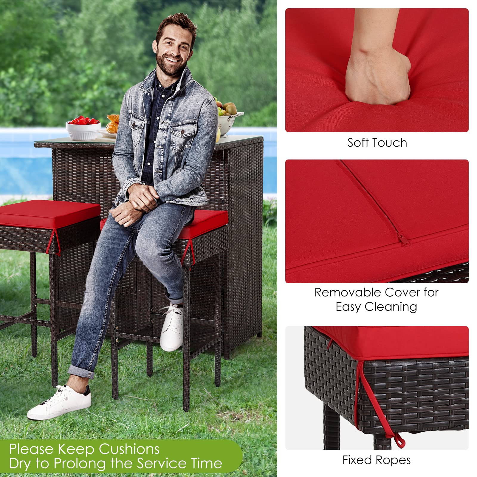 RELAX4FLIE 3-Piece Outdoor Bar Set - Patio Wicker Bar Height Table with 2 Cushioned Stools, 2 Open Shelves & Tempered Glass Table Top - Rattan Bar Table Set for Poolside, Garden, Backyard & Outdoor Entertaining (Red)