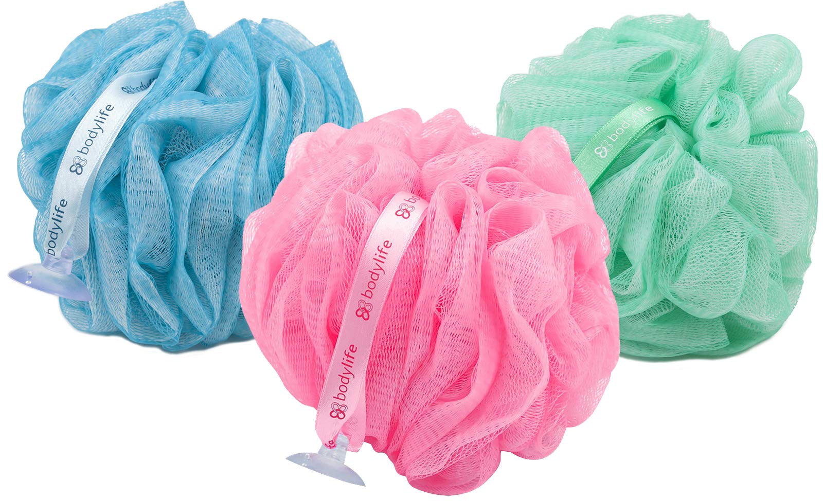 Bodylife Exfoliating Bath & Shower Pouf Scrubber - 3 Pack (Pink, Blue, Green) for Smooth Skin - Perfect for Spa, Home & Travel Use