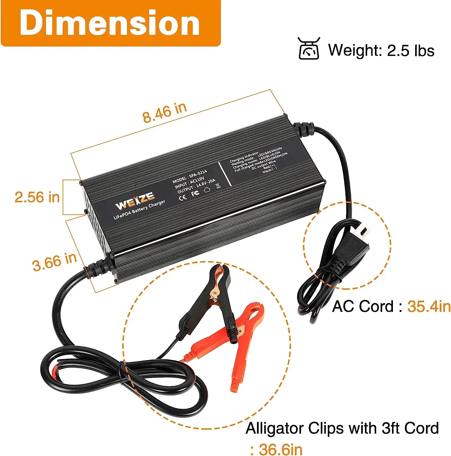 14.6V 20A LiFePO4 Lithium Battery Smart Charger - AC/DC Fast Charger for 12V Lithium Iron Phosphate Batteries - Perfect for RVs, Solar Systems, Marine & Off-Grid Power Applications