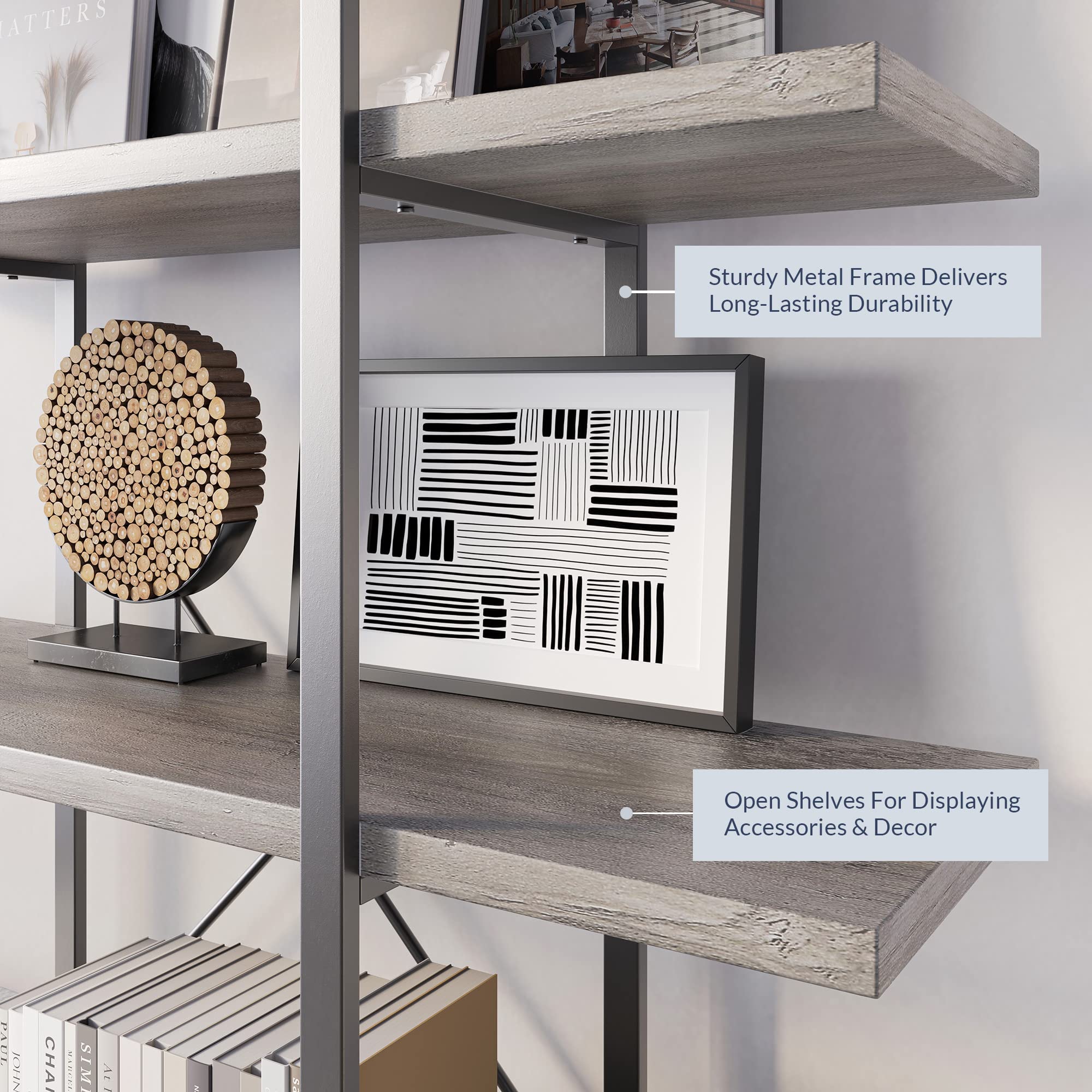 BELLEZE 5-Tier Wood Bookshelf - 70 Inch Industrial Storage Shelves Organizer for Living Room, Home Office, Garage & Pantry - Open Display Shelves with Sturdy Metal Frame in Gray Wash - Perfect for Home Organization & Stylish Storage Solutions