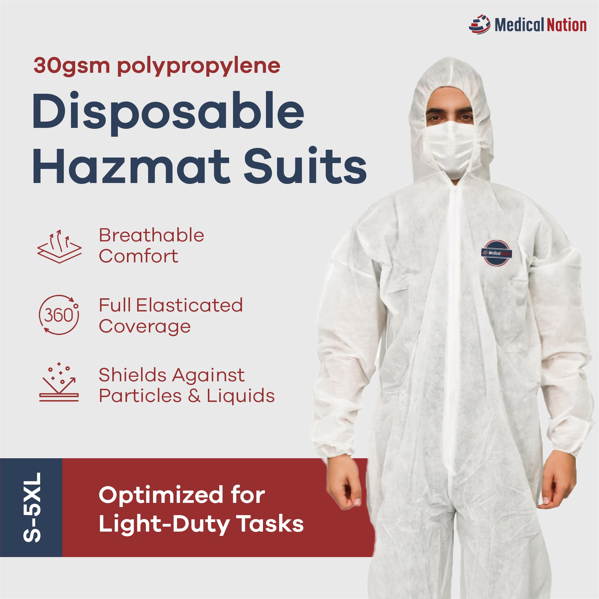 Disposable Hazmat Suits - 25 Pack Light Duty Protective Coveralls with Attached Hood for Men & Women | Chemical, Paint & Work Protection | Large Size | Ideal for Painting, Cleaning, Chemical Handling & Industrial Safety