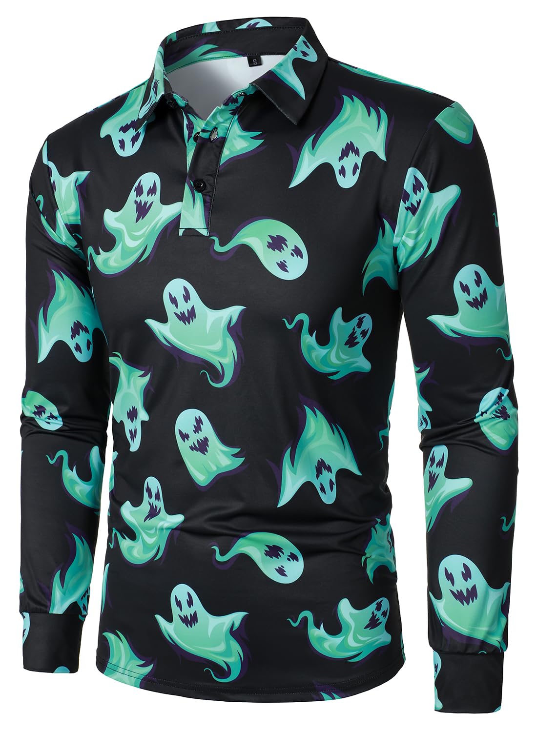 Men's Halloween Horror Ghost Printed Long Sleeve Polo Shirt - Spooky Crew Neck Costume T-Shirt for Halloween Parties, Cosplay & Horror Theme Events
