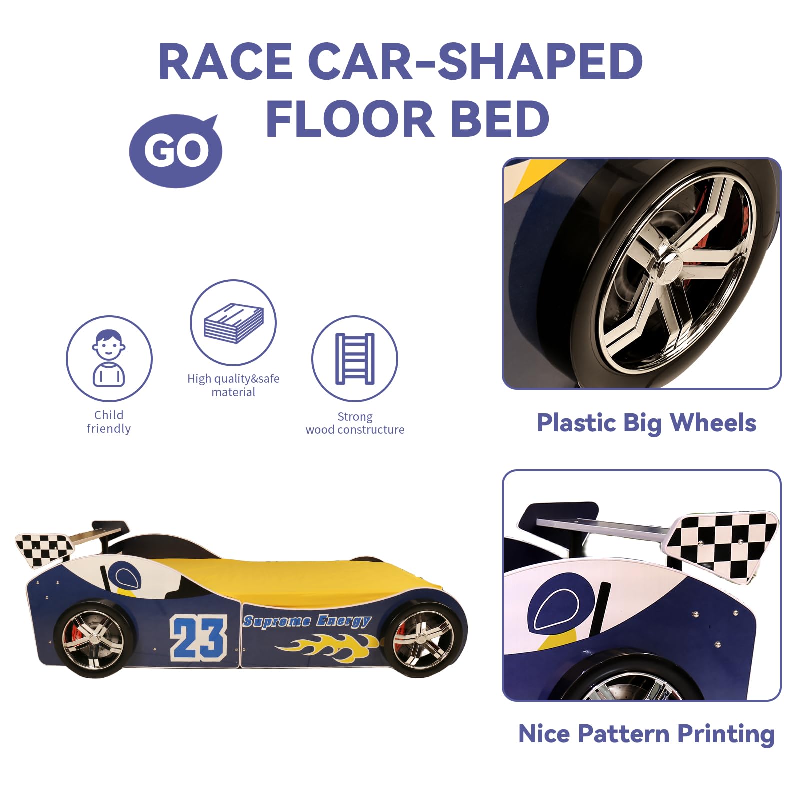 **Kids Twin Bed Frame with Wood Slat Support - Car Design Platform Bed with Headboard for Toddlers & Children | Fits Standard Twin Mattress (Mattress Not Included) | Perfect for Bedrooms, Playrooms & Themed Decor**