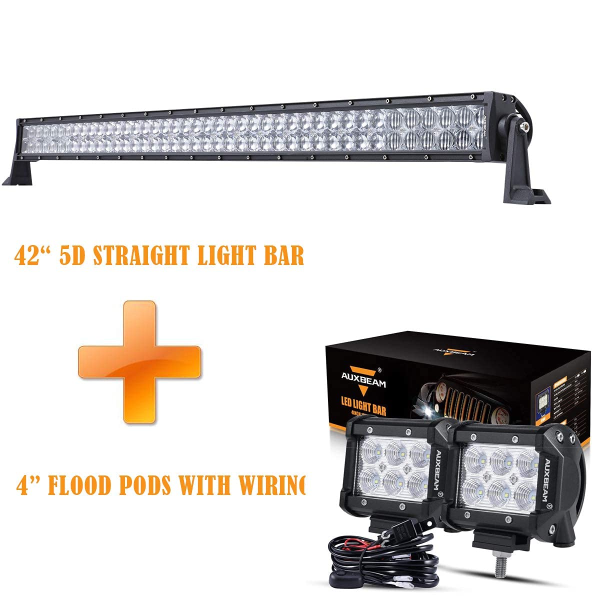 Auxbeam 5D 42 Inch LED Light Bar with 2 Flood LED Pods & Wiring Harness - Off-Road Lighting for Trucks, Jeeps, ATVs, UTVs, and Boats