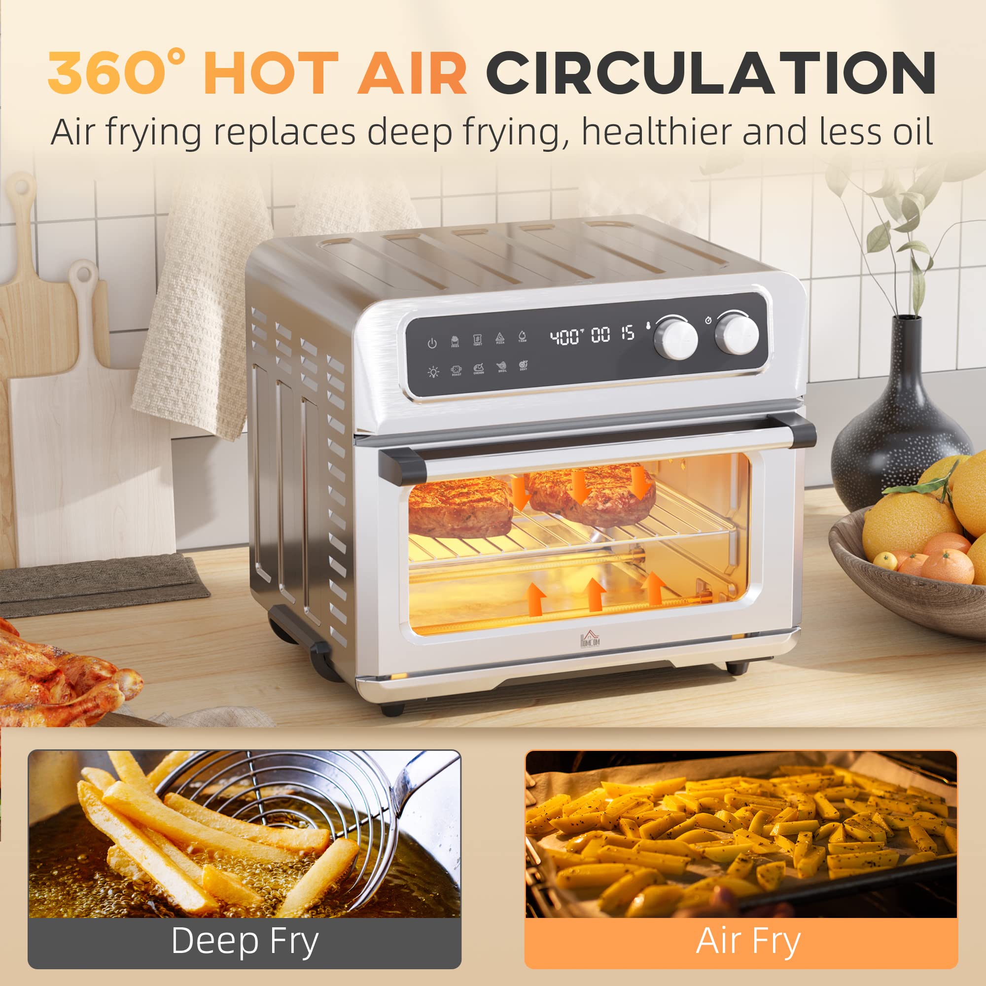 HOMCOM 21QT 8-in-1 Air Fryer Toaster Oven with Convection, Broil, Toast, Dehydrate & Thaw Functions - 1800W Stainless Steel Countertop Oven with Accessories - Perfect for Baking, Roasting & Healthy Air Frying at Home