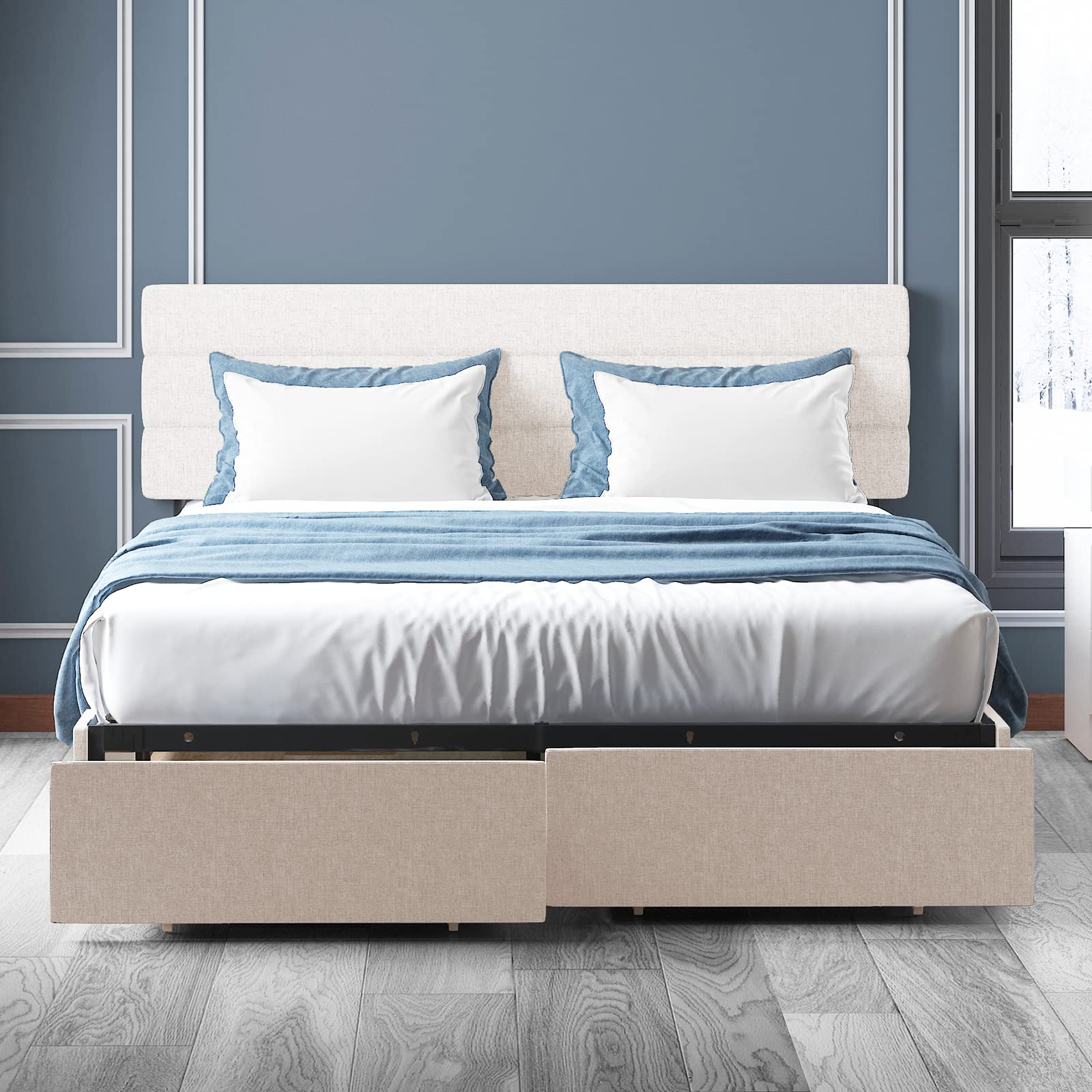 BALUS King Size Upholstered Platform Bed Frame with Large Storage Space, Mobile Wheels & Adjustable Headboard - Beige (King) | Perfect for Small Bedrooms, Guest Rooms & Modern Home Decor