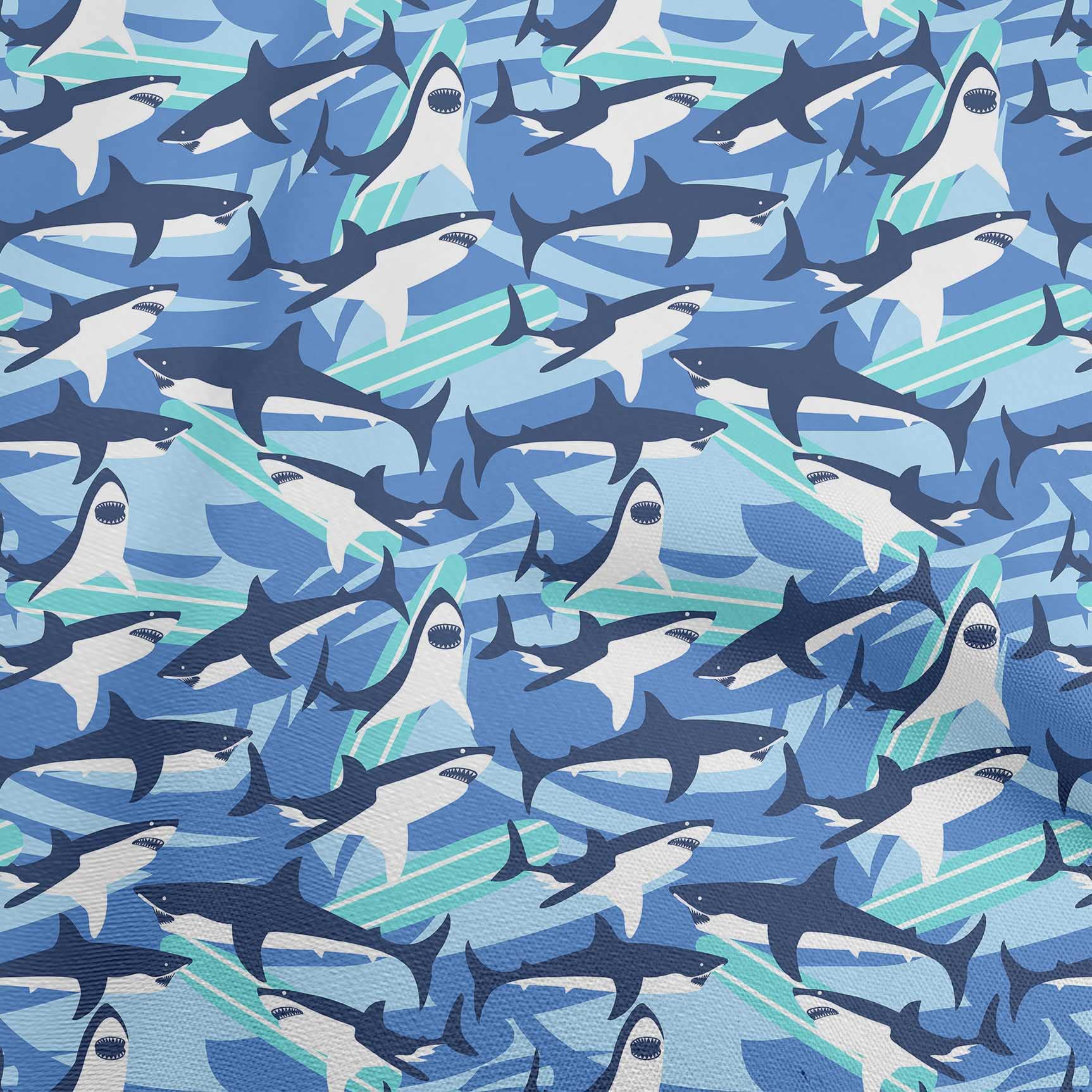 Premium Polyester Spandex Shark Print Fabric - Medium Blue Ocean Design, 56