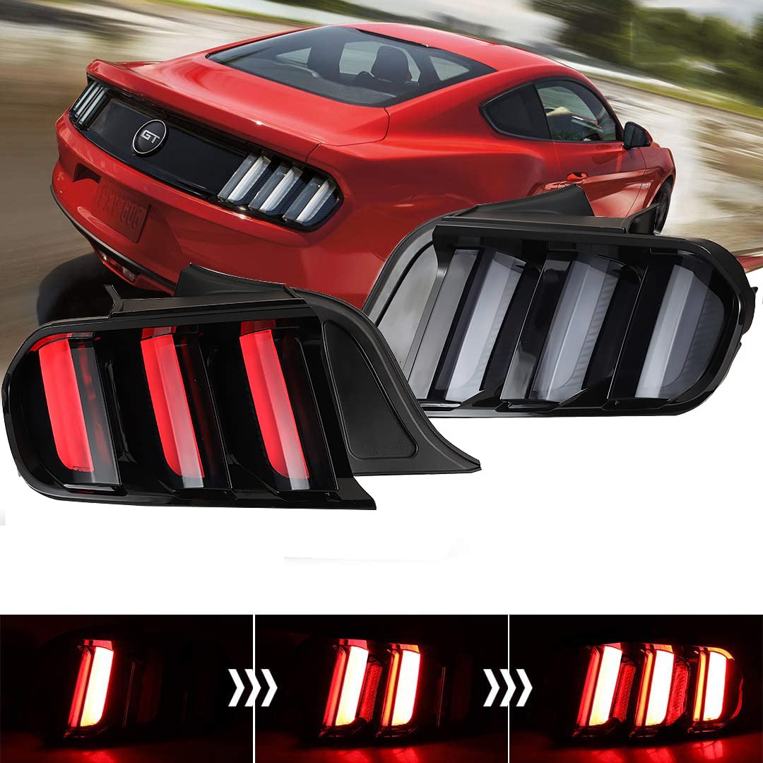Winjet Euro Style LED Tail Lights Assembly for 2015-2022 Ford Mustang - Sequential Dynamic Turn Signals & Running Lights, Smoke Lens (1 Pair) - Upgrade Your Mustang's Rear Style for Night Driving & Car Shows