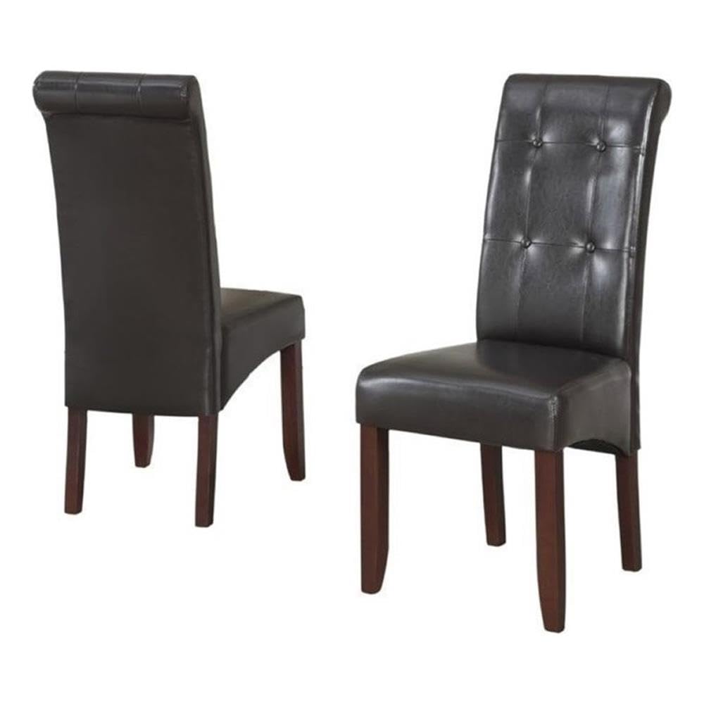 Atlin Designs 2-Piece Dark Brown Faux Leather Dining Chairs Set - Button Tufted Modern Kitchen Chairs with Sturdy Wood Legs - Perfect for Home Dining Room, Restaurant, and Cafe Settings