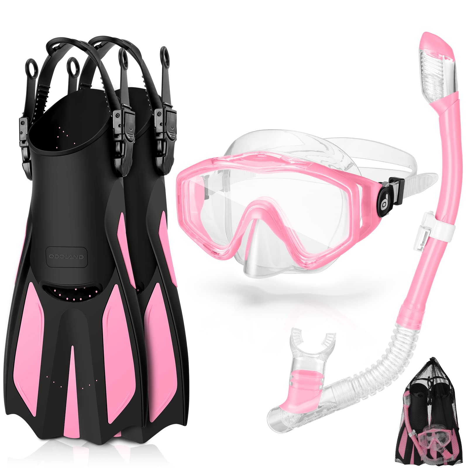 Odoland Kids Snorkeling Set - Adjustable Swim Fins, Dry Top Snorkel Mask for Boys & Girls Ages 7-14 - Perfect for Pool, Beach & Ocean Adventures