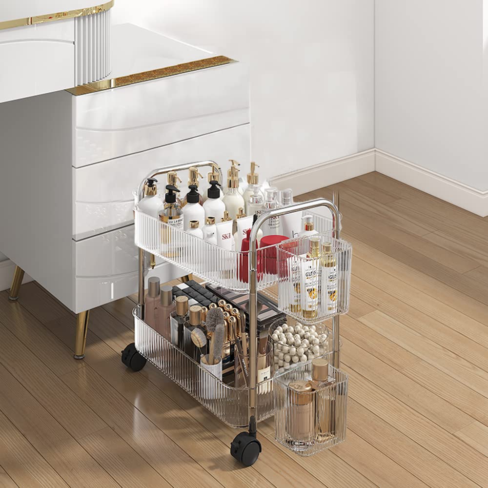 2-Tier Rolling Cart with Wheels - Mobile Storage Organizer for Office, Home & Kitchen - Under Desk Trolley with Handle & 2 Hanging Baskets - Perfect for Small Spaces, Dorm Rooms & Craft Supplies (Transparent)