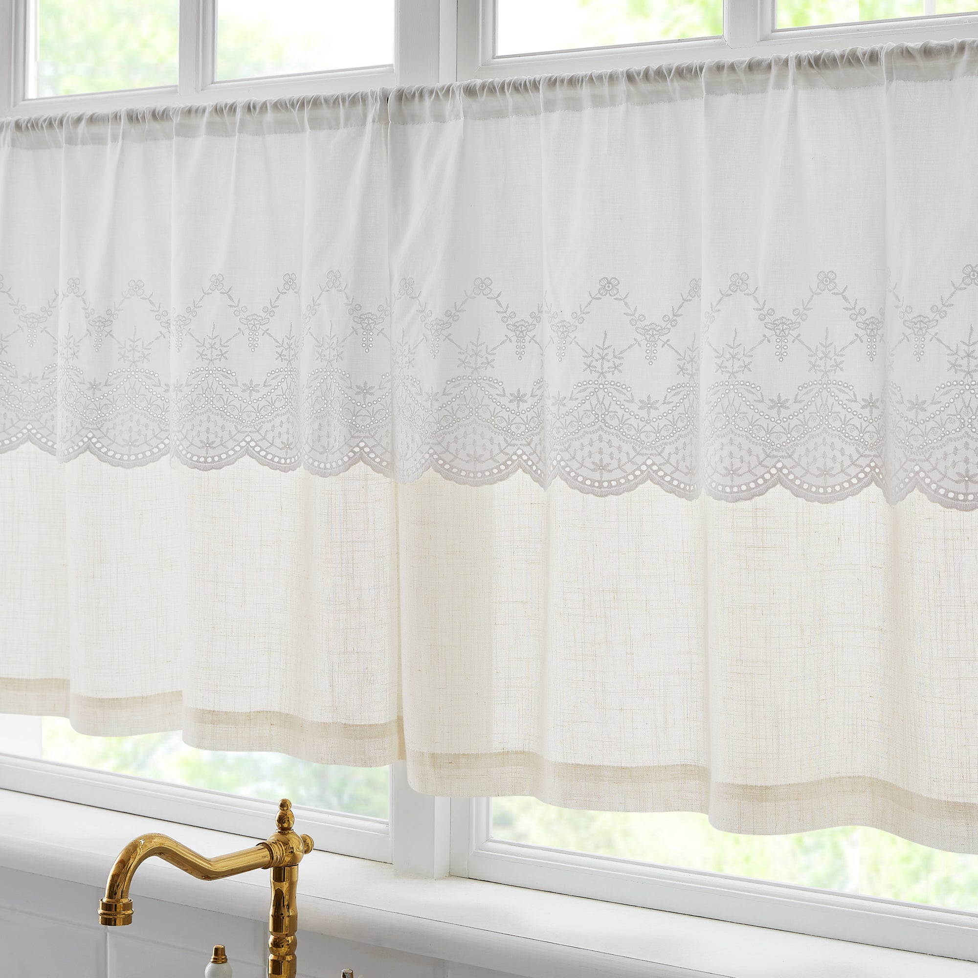 Brigitte Embroidery Eyelet Scalloped Edge Kitchen Curtains - Elegant Window Treatments for Farmhouse, Cottage & Vintage Style Homes