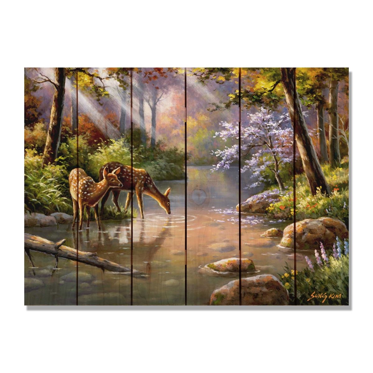 33 x 24 Inch Kims Deer in Stream Cedar Wall Art - Indoor/Outdoor Rustic Decor for Living Room, Patio & Garden