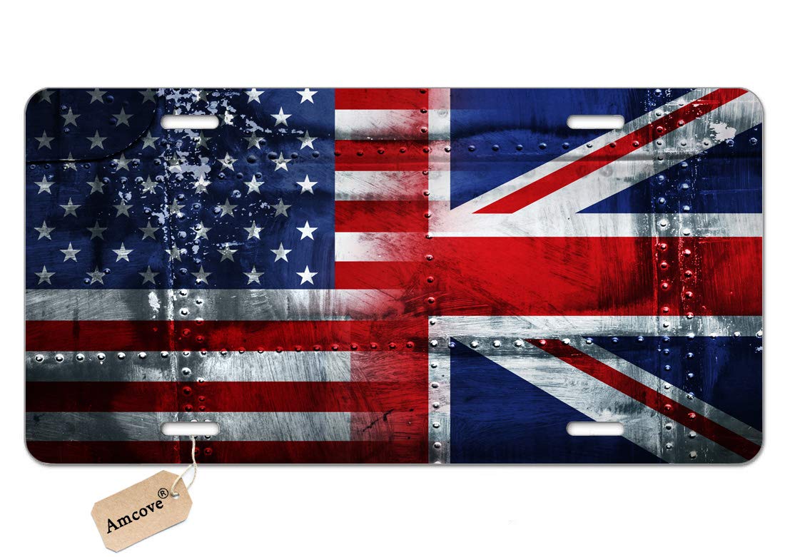 Vintage Union Jack & USA Flag Vanity License Plate - 6x12 Inch UK & US Alliance Theme Novelty Car Tag - Perfect for Cars, Trucks, Garages & Patriotic Decor