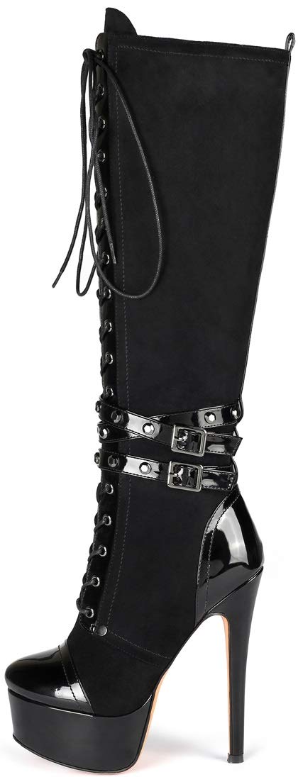 YODEKS Women's Platform Stiletto Over The Knee High Boots - Lace Up High Shaft Heeled Booties for Women, Fashionable Winter Boots for Party, Night Out & Date Night