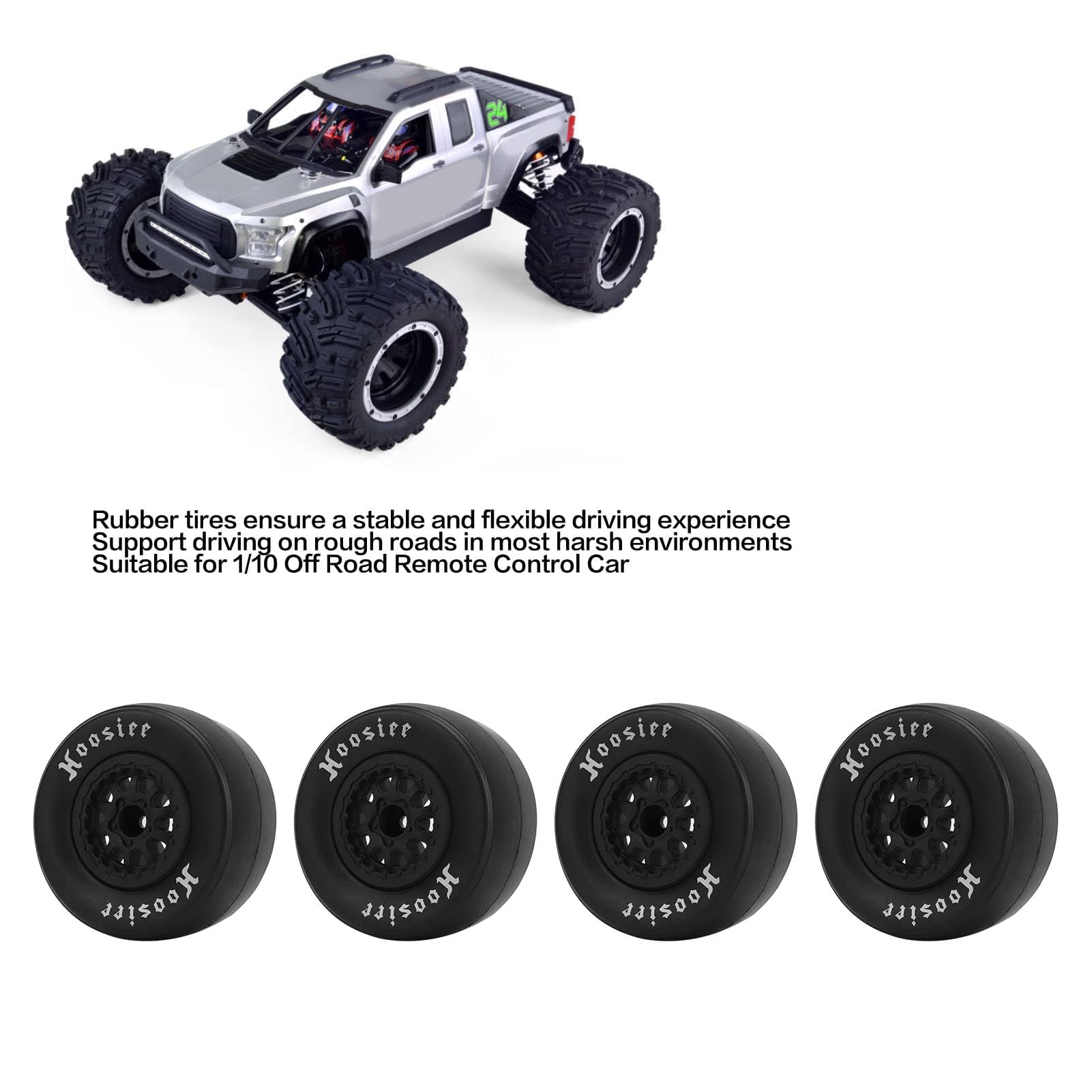 4Pcs 102mm Rubber Tires with 12mm Hex Hub Wheels - Compatible with 1/10 Scale RC Cars, Trucks & Off-Road Vehicles - Durable All-Terrain RC Tires for Crawling, Bashing & Racing - Perfect for Traxxas, Redcat & Other Popular RC Models