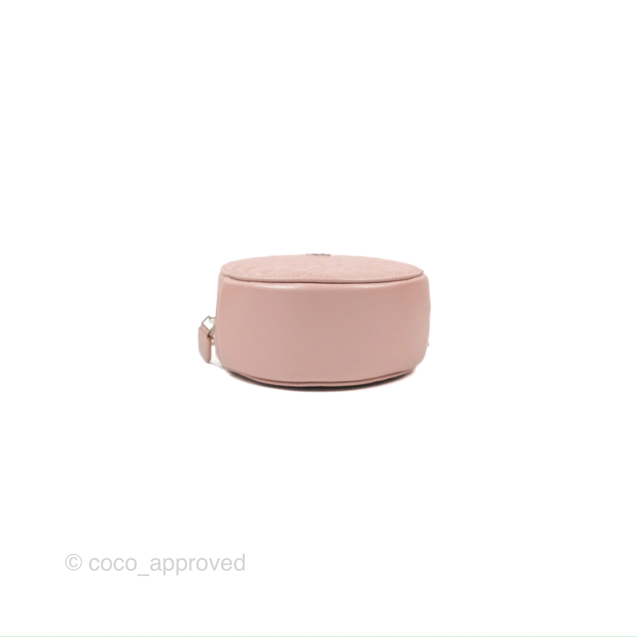 Chanel Camellia Embossed Round Clutch Bag with Chain - Iridescent Light Pink Goatskin Leather & Silver Hardware | Evening Party, Wedding, Special Occasion Accessory