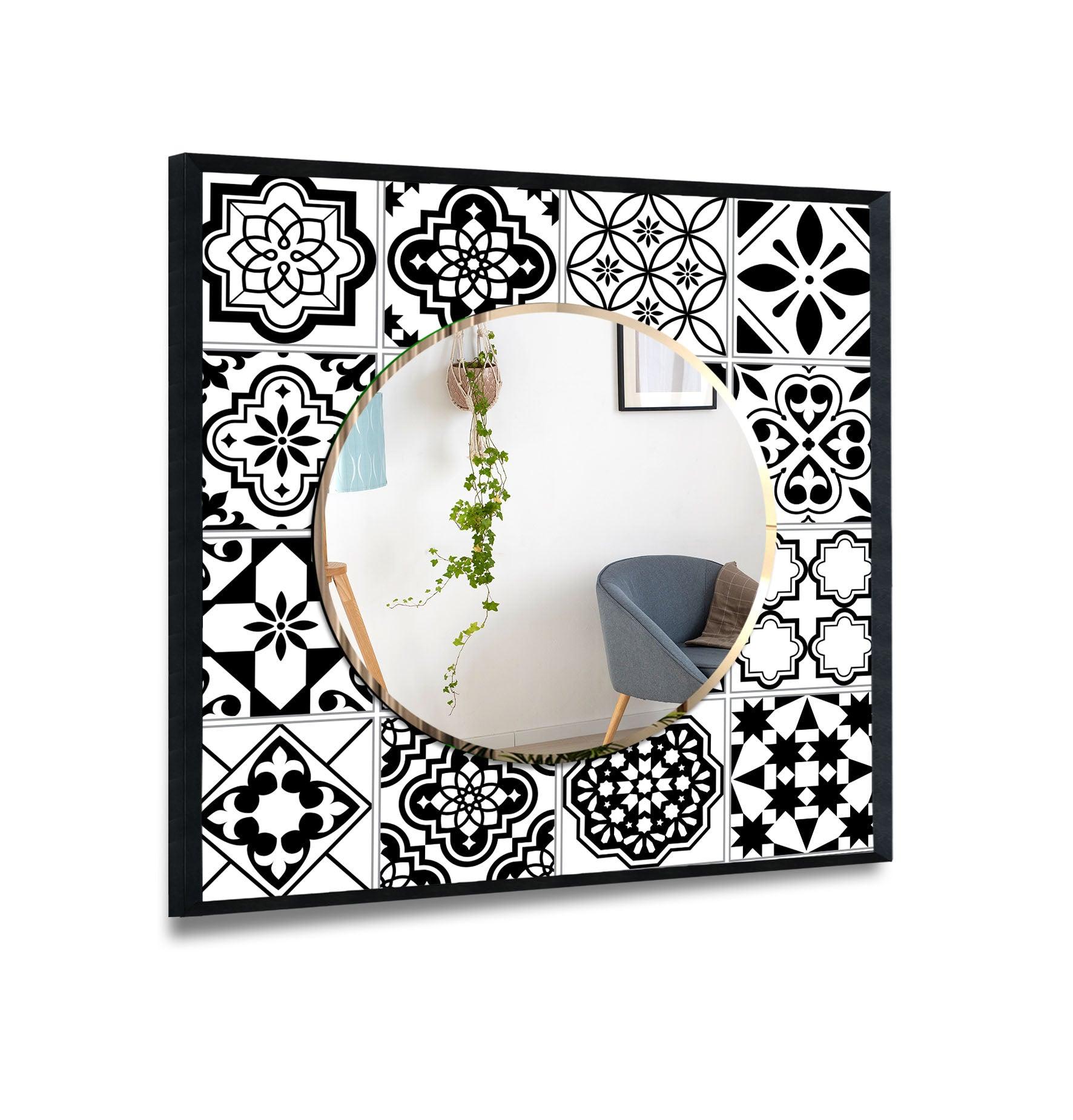 Black and White Mosaic Wall Mirror - Decorative Bathroom Vanity Mirror for Home Decor, Living Room, Bedroom, or Entryway