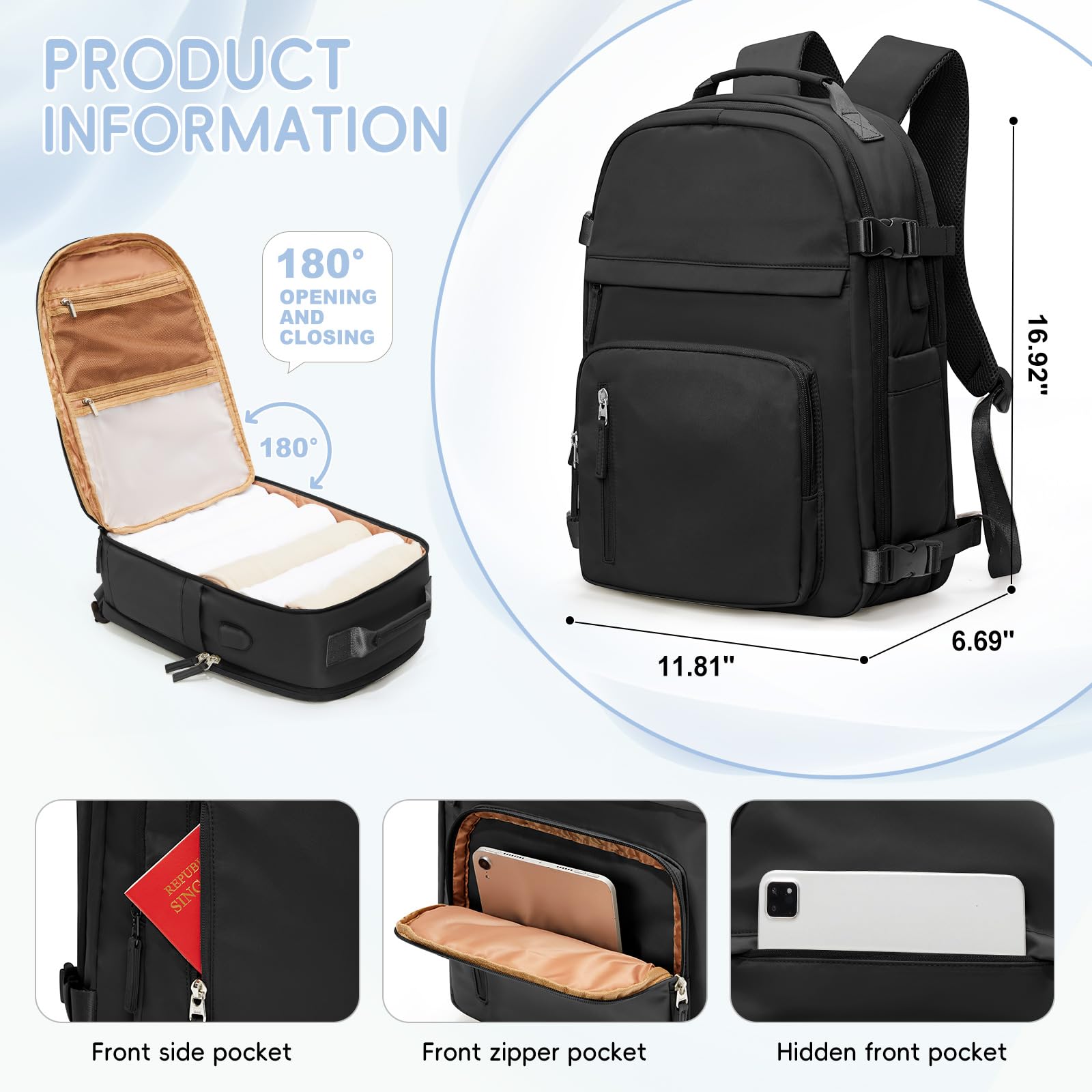 Large Travel Backpack for Women & Men - 18x14x8 Inch Carry-On Flight Approved Backpack, Personal Item Bag for Air Travel, Hiking, Business Trips & Daily Commute