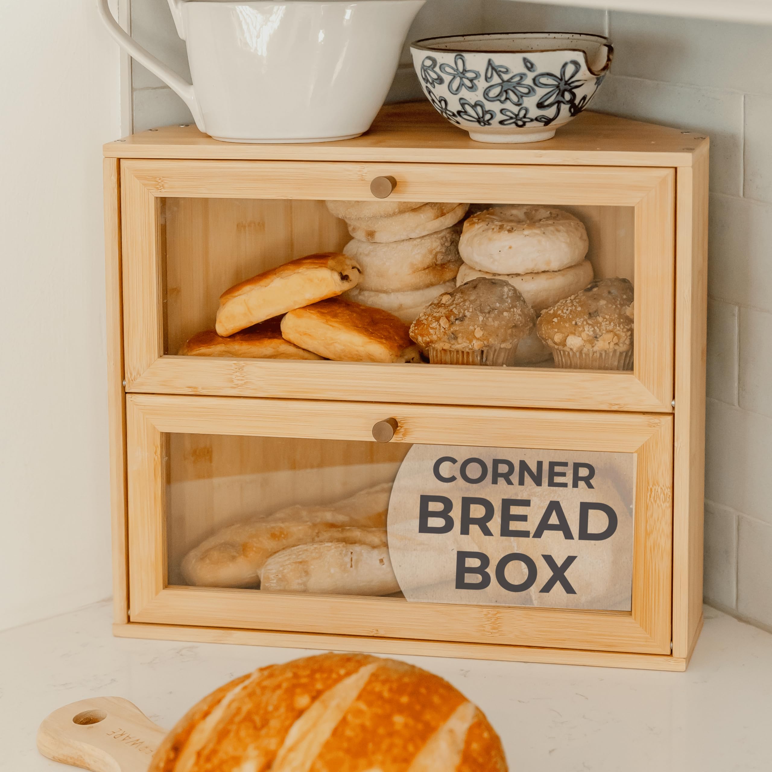 Vintage Bamboo Wooden Bread Box for Kitchen Countertop - Large Double Layer Storage for Homemade Bread, Sourdough, Panera | Under Cabinet Organizer | Perfect for Rustic Farmhouse, Modern Kitchen & Small Space Organization (2025 New Design)