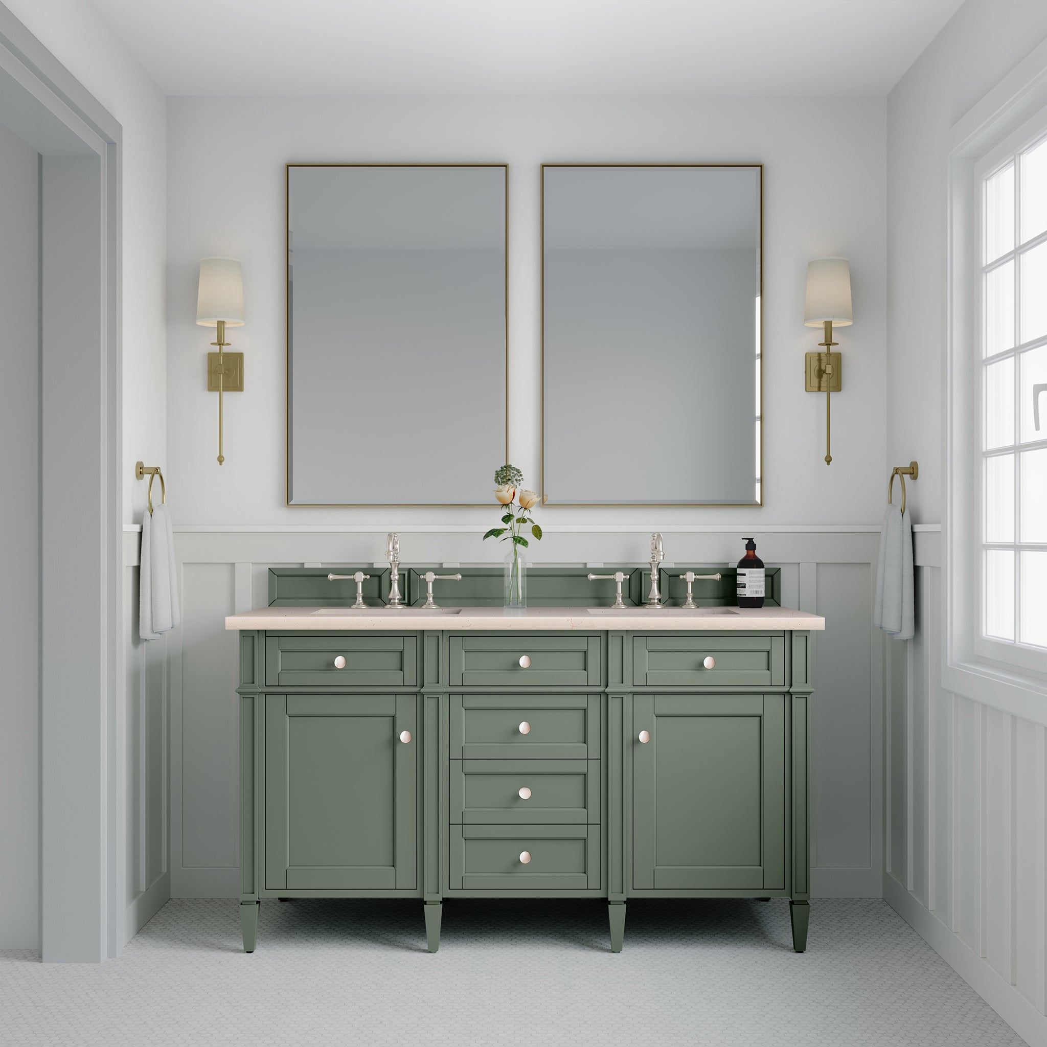 Brittany 60-Inch Double Bathroom Vanity with Smokey Celadon Finish & 3CM Eternal Marfil Stone Top - Perfect for Master Bathroom & Luxury Home Renovation