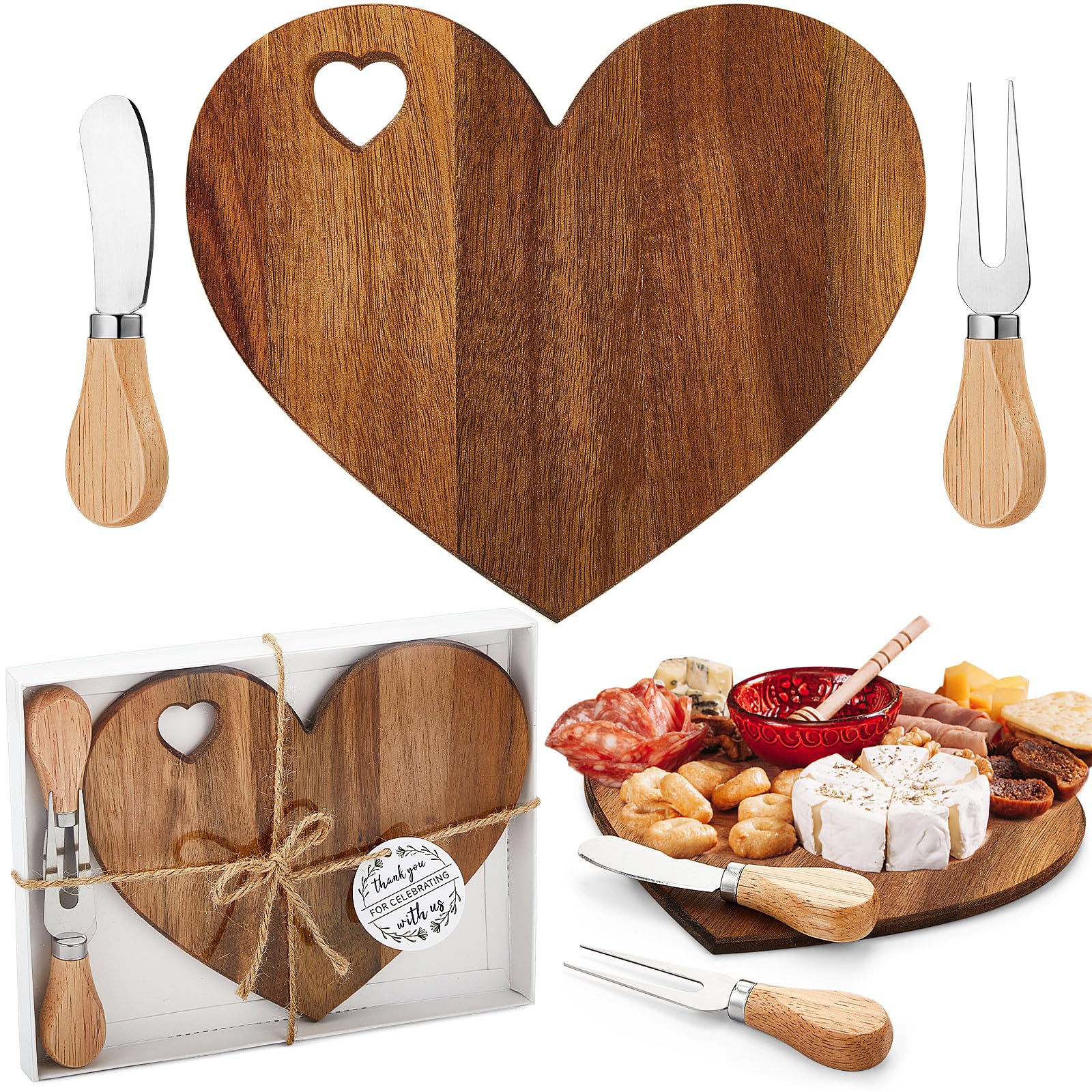 Acacia Wood Mini Charcuterie Board Set - Heart-Shaped Cheese Board with Knives | Perfect for Bridal Showers, Baby Showers, Weddings & Valentine's Gifts | Elegant Thank You Favors for Guests (Acacia Color) | Great for Cheese Platters, Charcuterie Displays & Party Decor