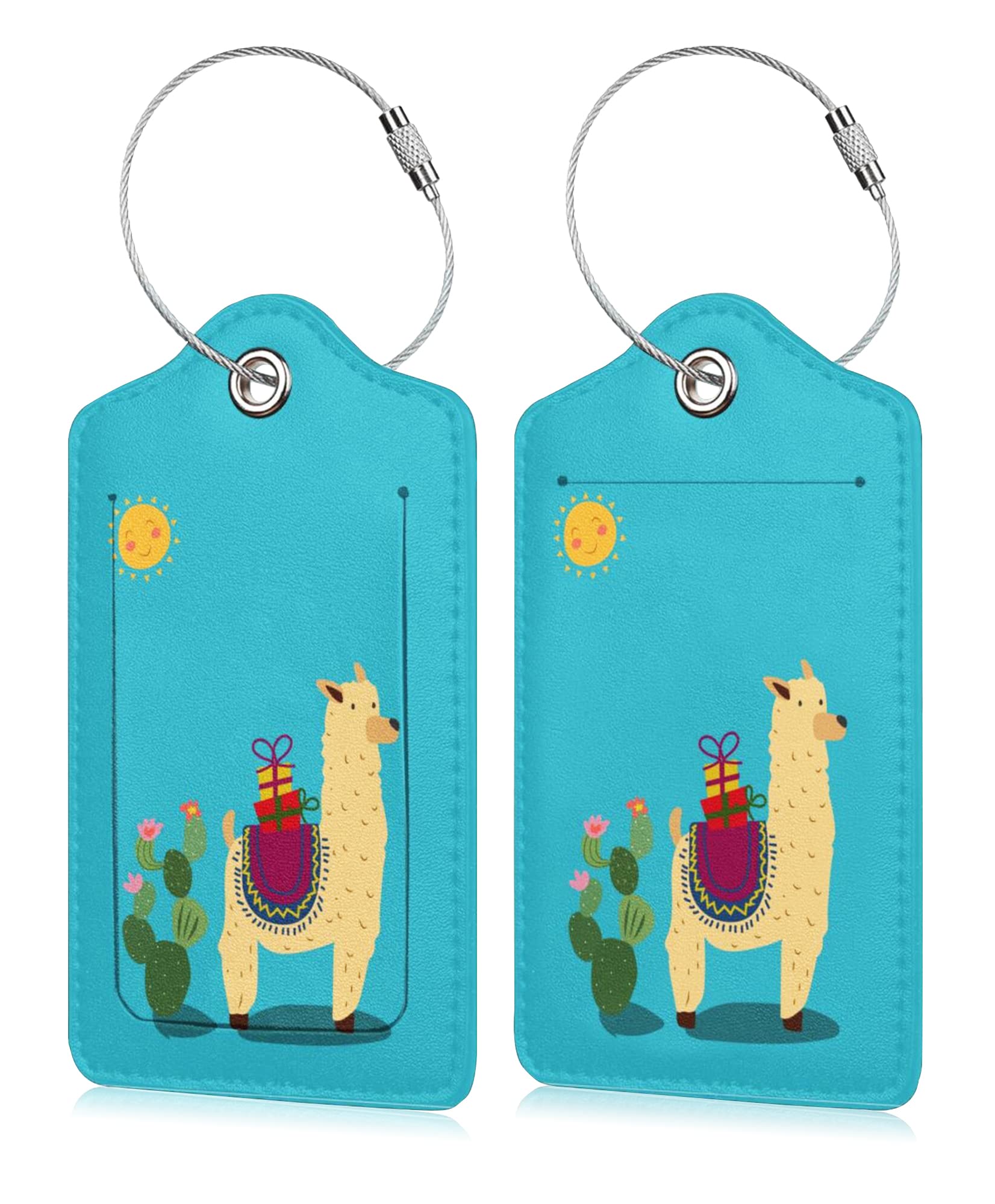 2 Pack Leather Luggage Tags with Stainless Steel Loop - Cute Alpaca Design Privacy ID Cover - Durable Travel Bag Tags for Suitcases (Men & Women) - Perfect for Airports, Cruise Ships & Business Trips