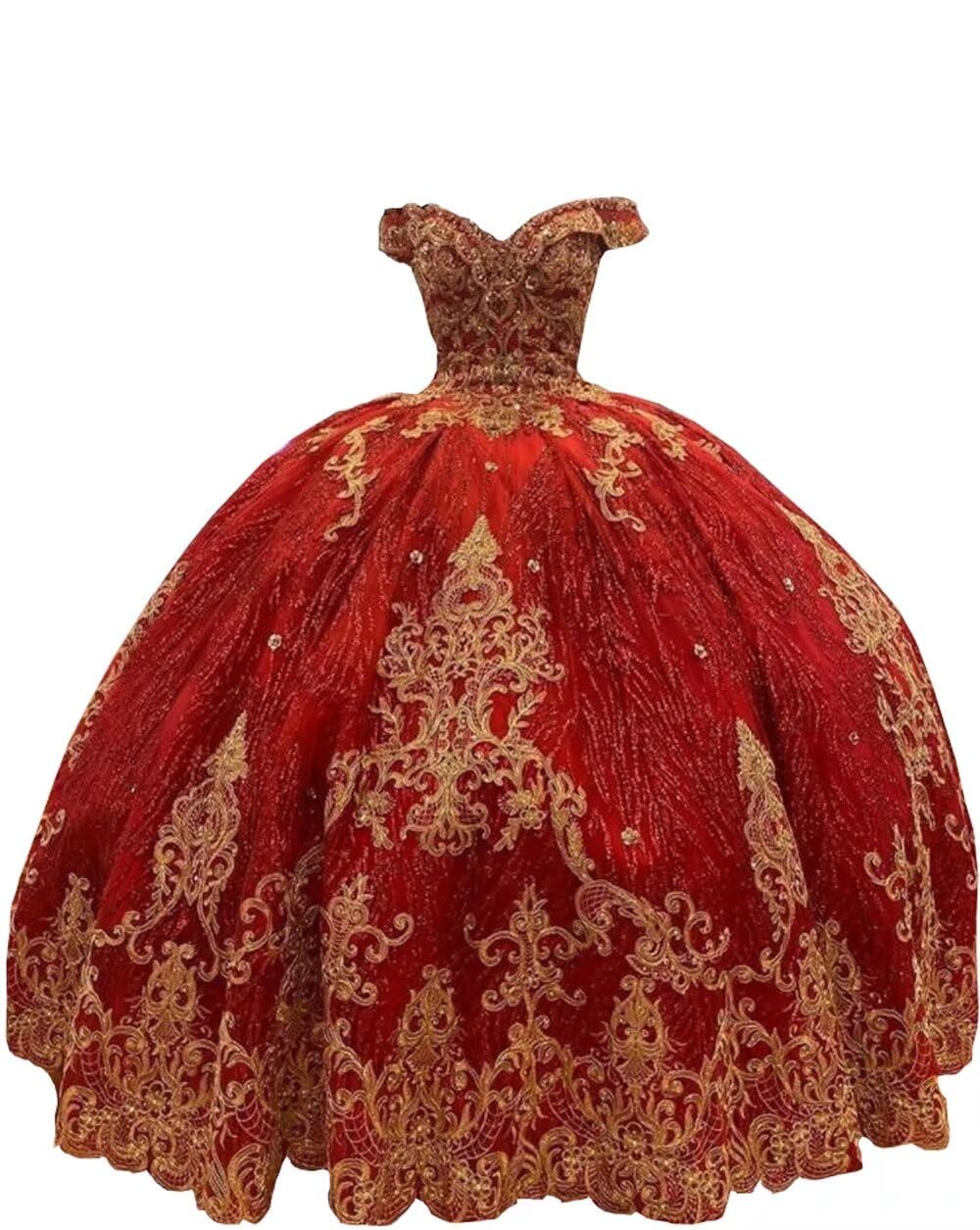 Gold Beaded Glitter Tulle Quinceanera Dress for Women - Off Shoulder Prom Gown for Sweet 16 & Special Occasions | Perfect for Quinceañeras, Prom Nights & Formal Events 2025