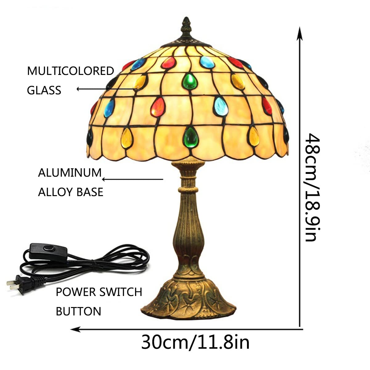 Tiffany Style Stained Glass Table Lamp - 12x18 Inch Yellow Baroque Feather Design Antique Desk Lamp for Reading, Living Room, Bedroom & Bar Decor | Handcrafted Artisan Light with Button Switch | Perfect Gift for Home & Office