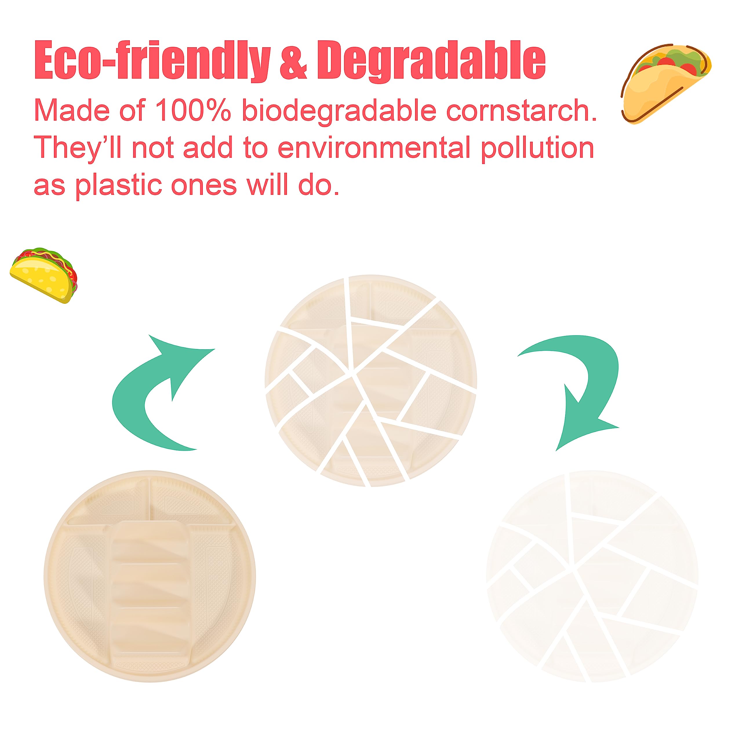 60 Pack Biodegradable Cornstarch Taco Plates with Dipping Compartments - Eco-Friendly Disposable Taco Holders for Parties, Fits 6-8 Inch Tortillas, Microwave Safe - Perfect for Taco Tuesday, Cinco de Mayo & Mexican-Themed Parties