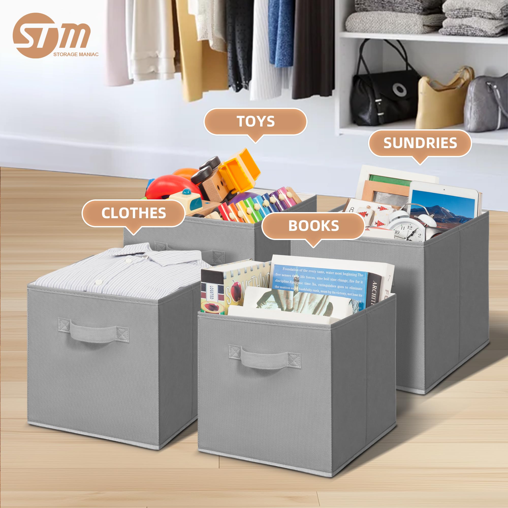 STORAGE MANIAC 11 Inch Collapsible Storage Bins with Handles - 6 Pack Foldable Fabric Organizer Bins for Closet, Shelves, Office, Toys - Grey | Space-Saving Home & Kids Room Organization Solution