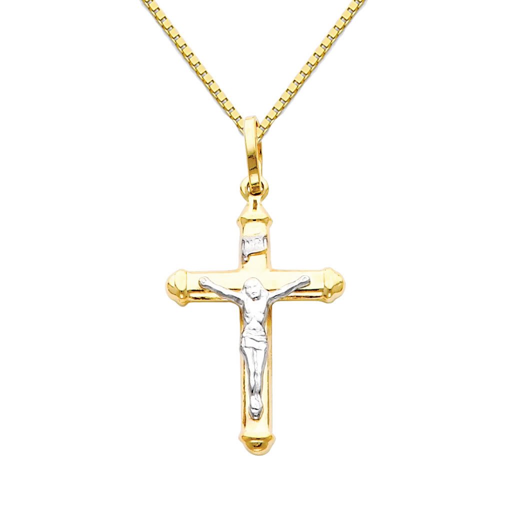 14K Two-Tone Gold Jesus Cross Religious Pendant Necklace with 1mm Box Chain - Elegant Spiritual Jewelry for Women & Men - Perfect for Church, Baptism, Weddings & Daily Faith Wear
