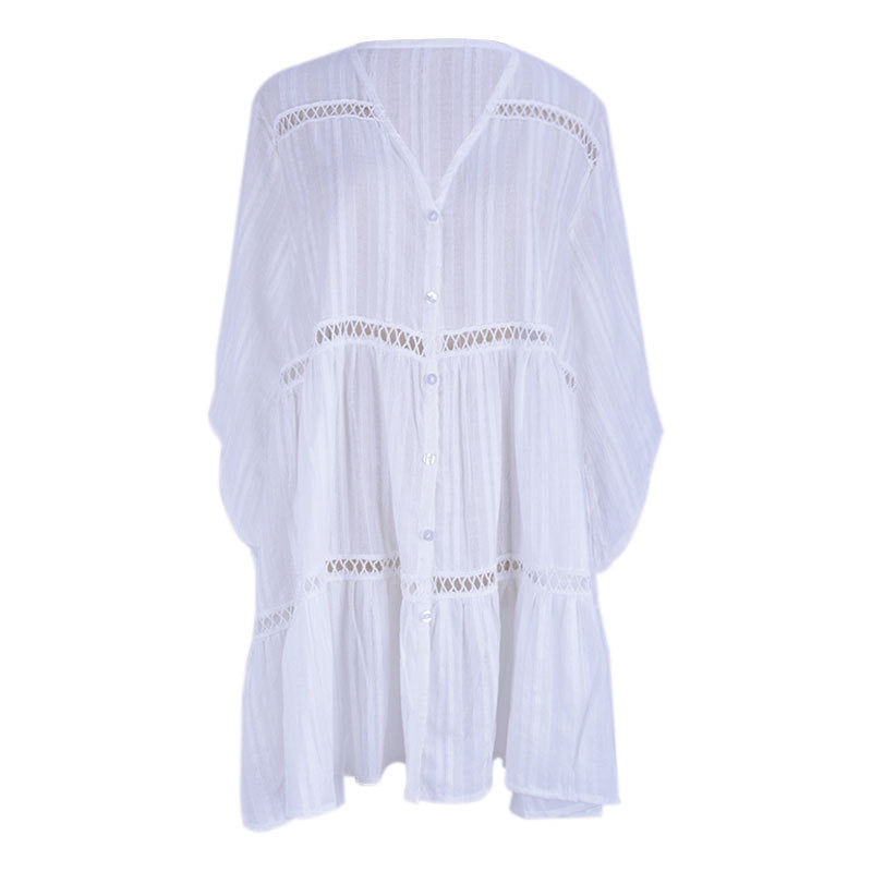 Women's Cotton Jacquard Button-Up Loose Sleeve Sun Protection Shirt - Perfect for Beach, Outdoor Activities & Summer Fashion