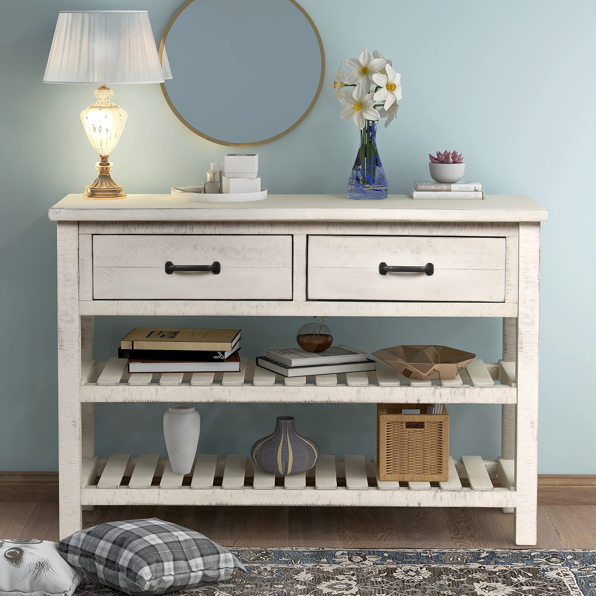 Vintage Console Table with Drawers & Shelf - Antique White Sofa Table for Entryway, Living Room | Hallway Furniture, Farmhouse Decor for Home & Office