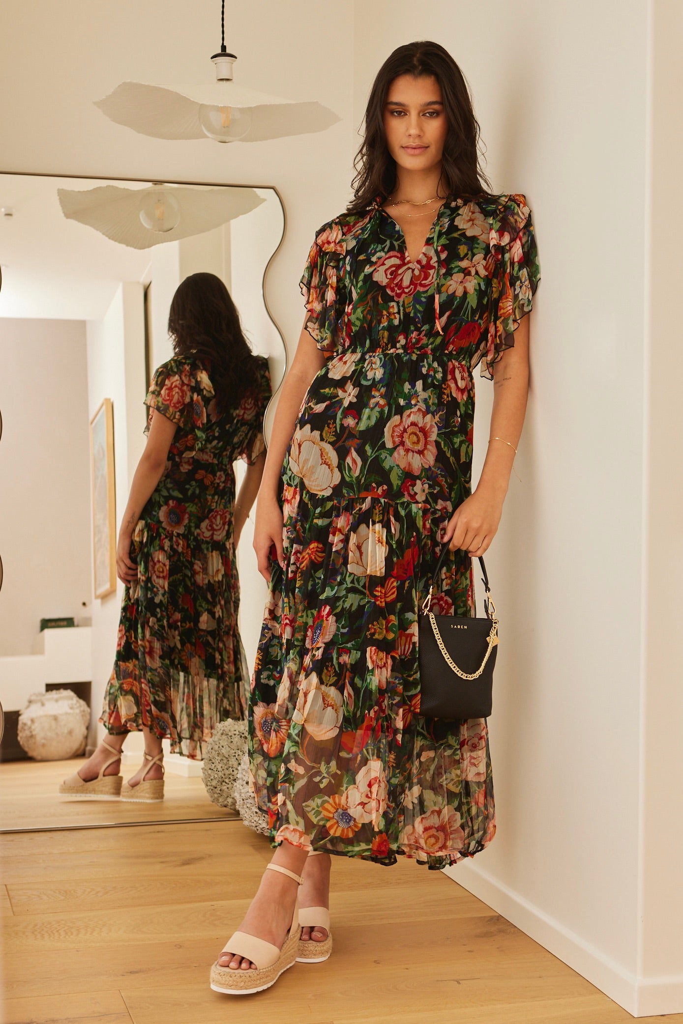 Flutter Sleeve Black Floral Maxi Dress - Elegant Boho Summer Dress for Beach, Wedding & Party Wear