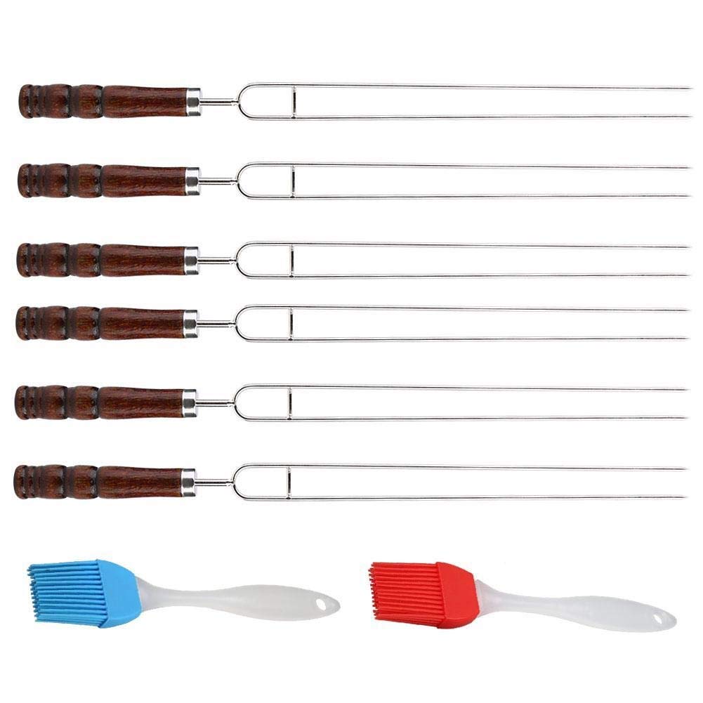 6Pcs Stainless Steel BBQ Forks & 2Pcs Oil Brushes - Heavy Duty U-Shaped Skewers for Grilling, Roasting - Perfect for Backyard BBQ, Camping, Picnics & Outdoor Cooking Accessories