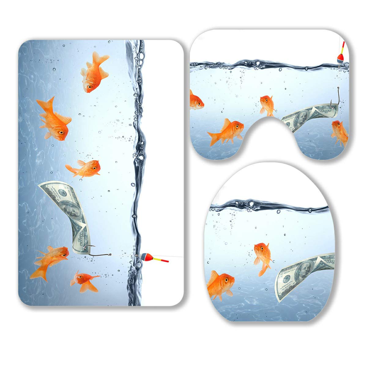 3-Piece Bathroom Rug Set - Goldfish in Danger Dollar Bait Design, Non-Slip Contour Mat & Toilet Lid Cover - Soft Absorbent Microfiber for Bath, Shower & Vanity Areas