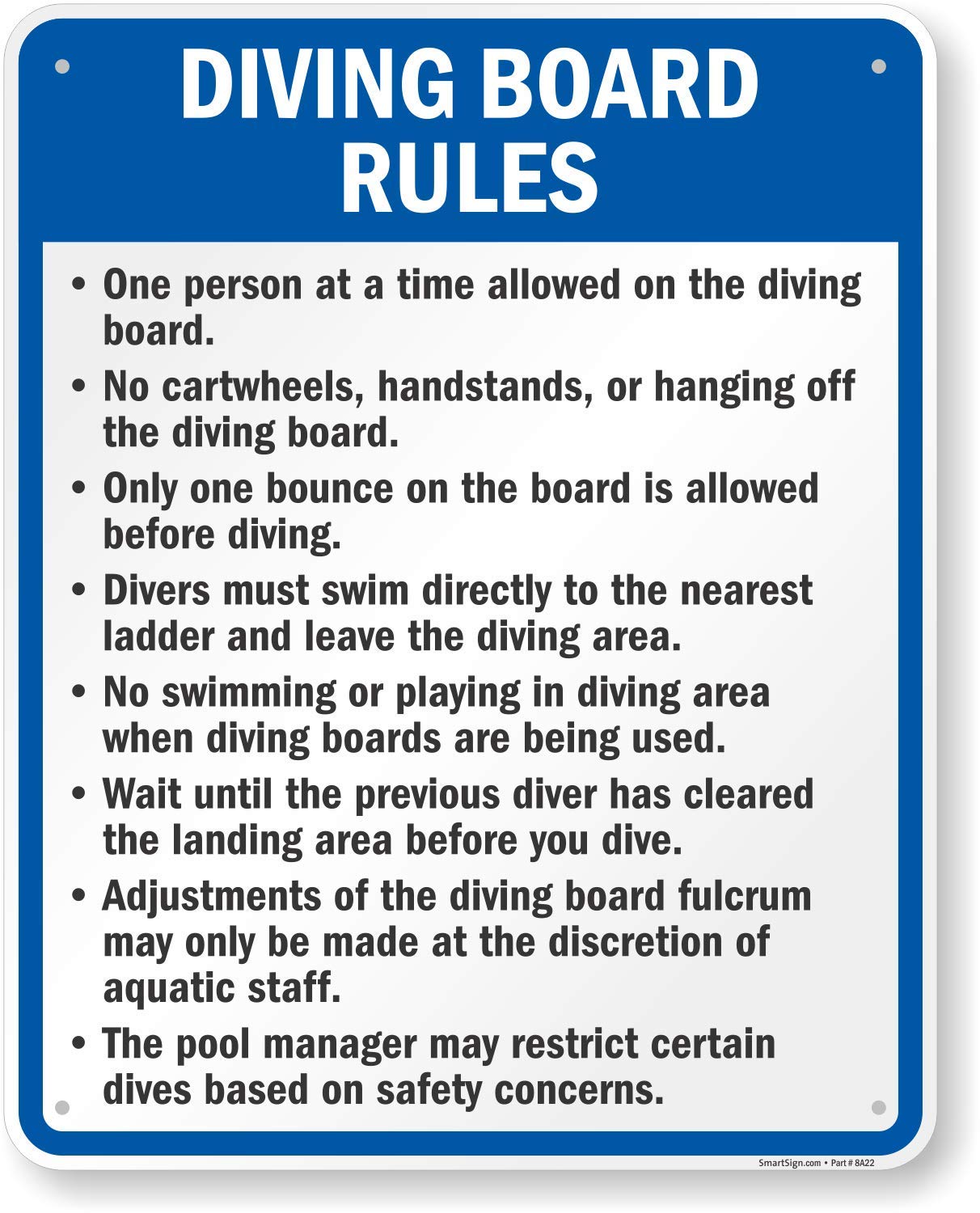 Diving Board Rules Metal Sign - 30x24 Inch, One Person at a Time, No Cartwheels Handstands or Hanging - Rustproof 80 Mil Laminated Aluminum, Blue Black & White - Made in USA - Perfect for Pools, Water Parks & Backyard Safety