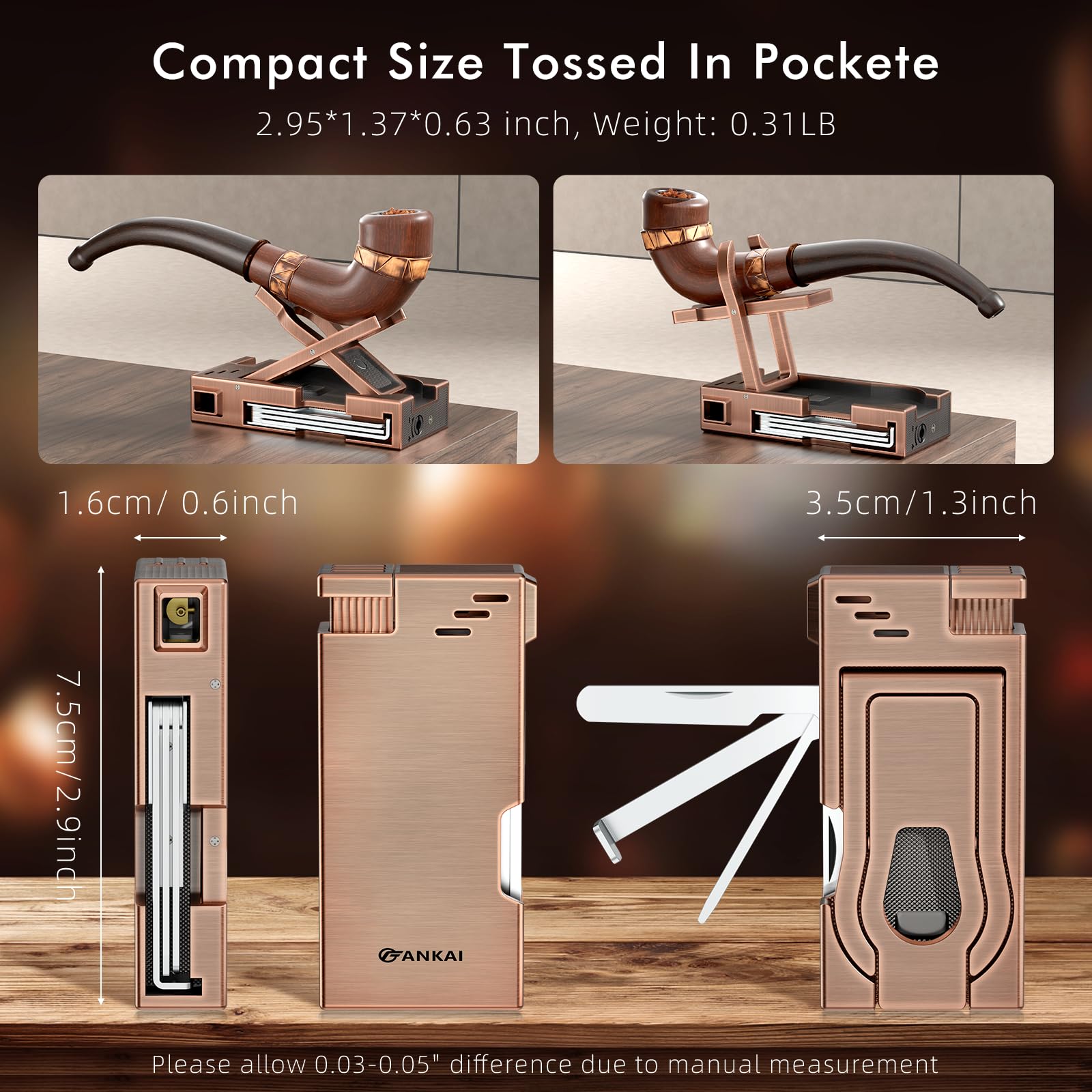 Refillable Butane Pipe Lighter with Stand - 3-in-1 Cleaning Tools & Angled Soft Flame - Perfect Smoking Accessory for Pipe Enthusiasts - Ideal Gift for Father's Day & Christmas (Bronze) - Great for Relaxing at Home or Outdoor Smoking Sessions