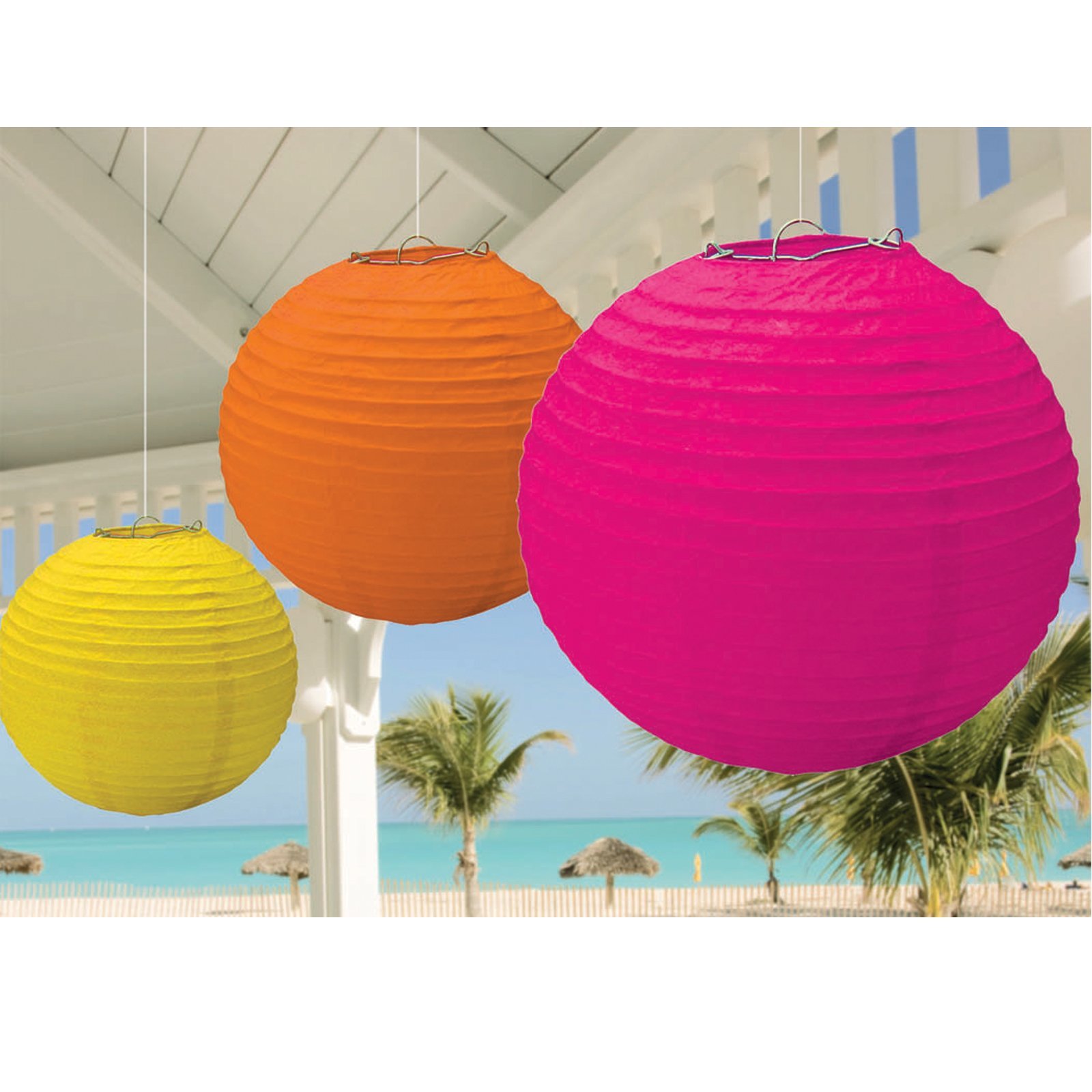 Vibrant Hot Pink, Orange & Yellow Hanging Lanterns Set of 3 - Outdoor/Indoor Party Decorations for Birthday, Wedding & Festival Celebrations