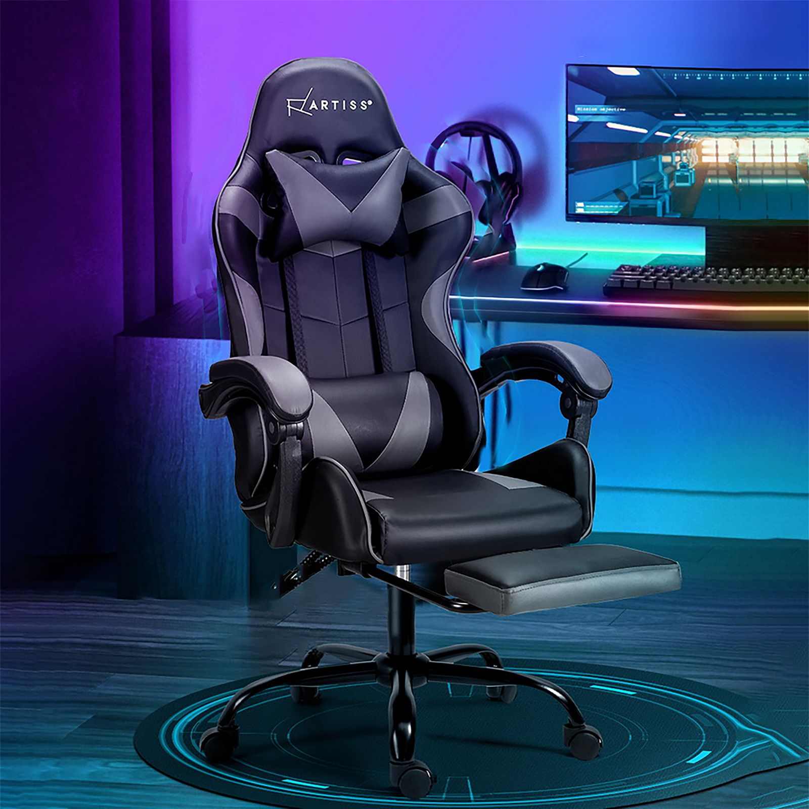 Artiss Ergonomic 2-Point Massage Gaming & Office Chair with Adjustable Footrest - Grey - Perfect for Long Work Hours & Gaming Sessions